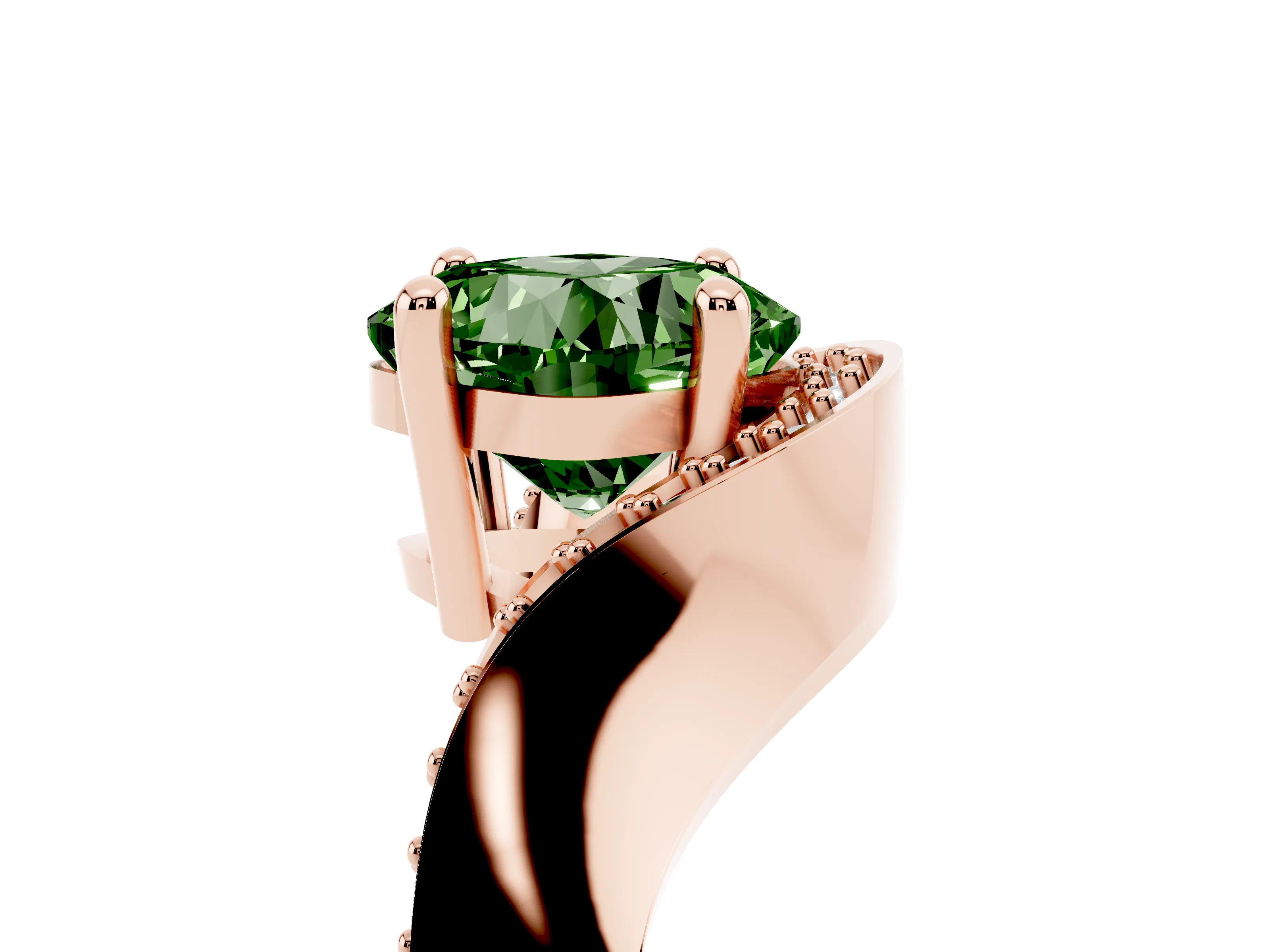 Fancy Green Cushion Cut Diamond Solitaire Engagement Ring Set in Rose gold with Pavé Shoulders