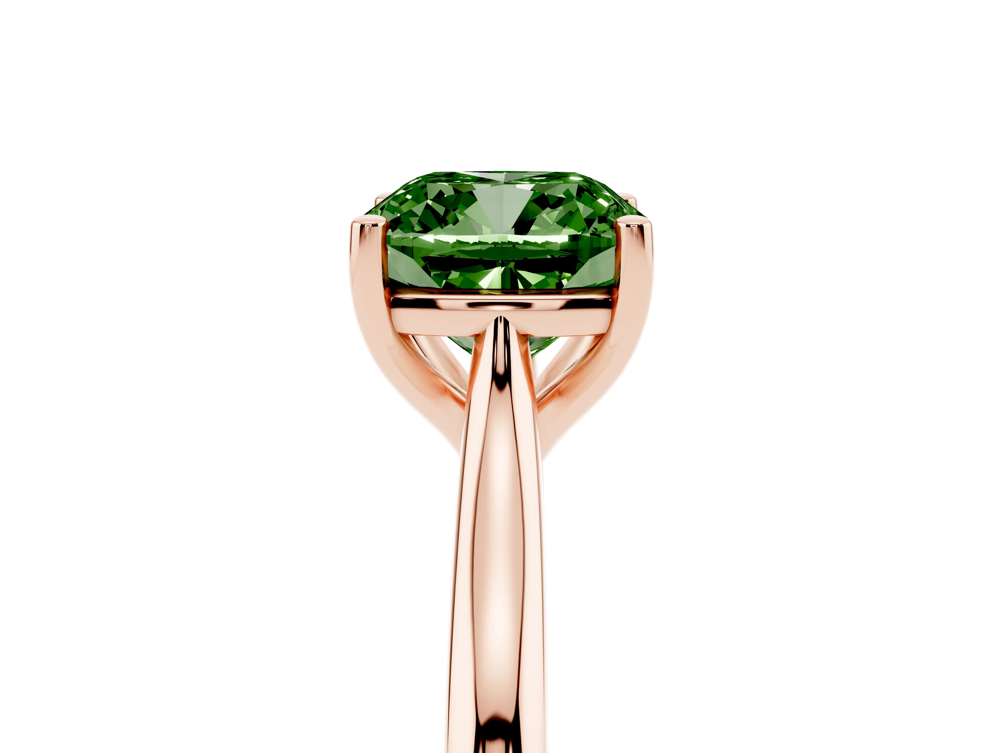 Fancy Green Cushion Cut Diamond Solitaire Ring Set in Rose gold with Cathedral Band and Prong Setting