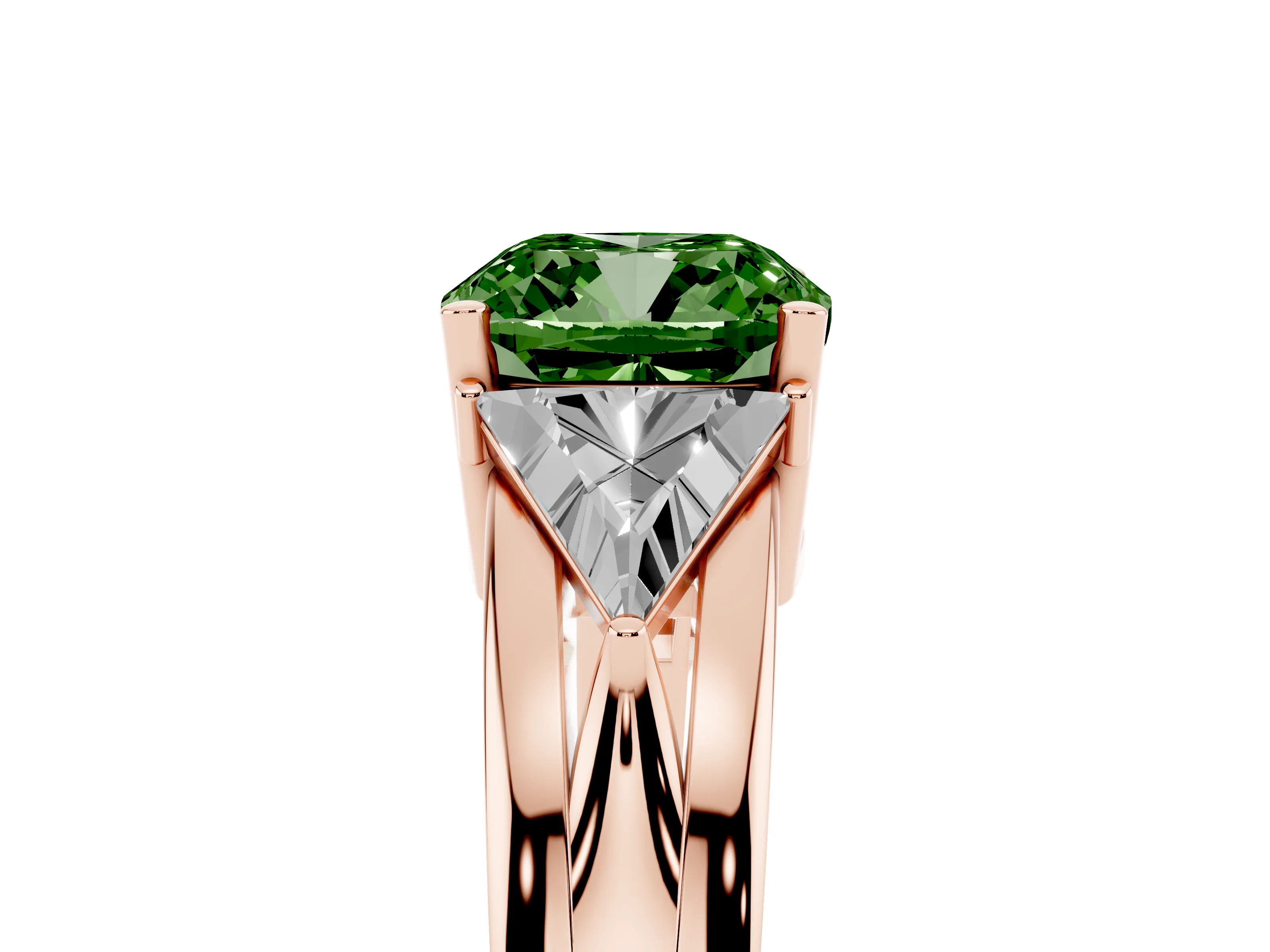 Fancy Green Cushion Cut Diamond Three-Stone Ring Set in Rose gold with Trillion Side Stones and Split Shank