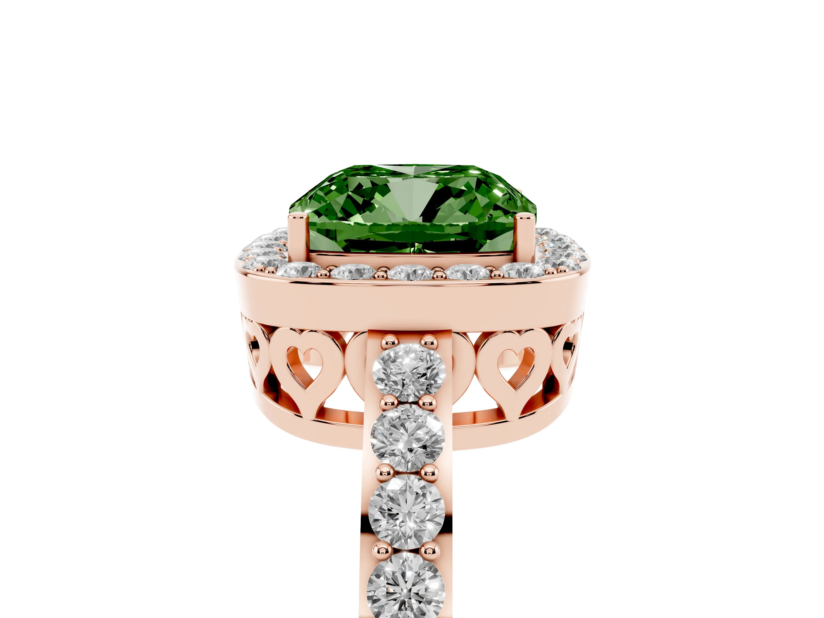 Fancy Green Cushion Cut Diamond Halo Ring Set in Rose gold with Pavé-Setting Band and Open Prong Center