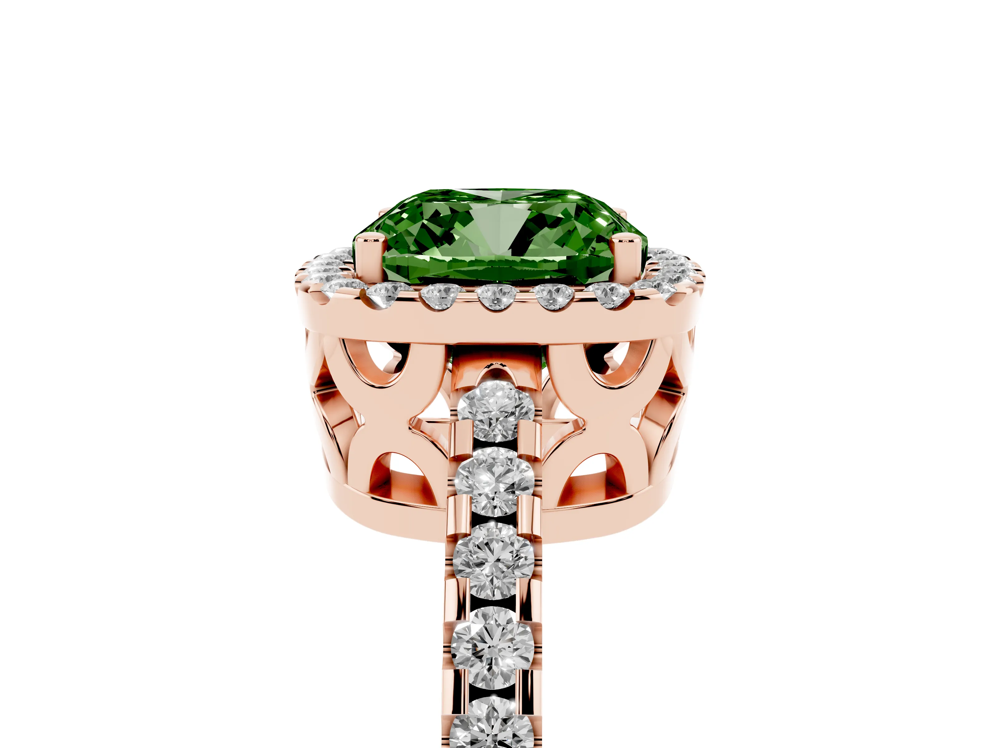 Fancy Green Cushion Cut Diamond Halo Ring Set in Rose gold with Pavé Shoulders and Halo-Framed Center