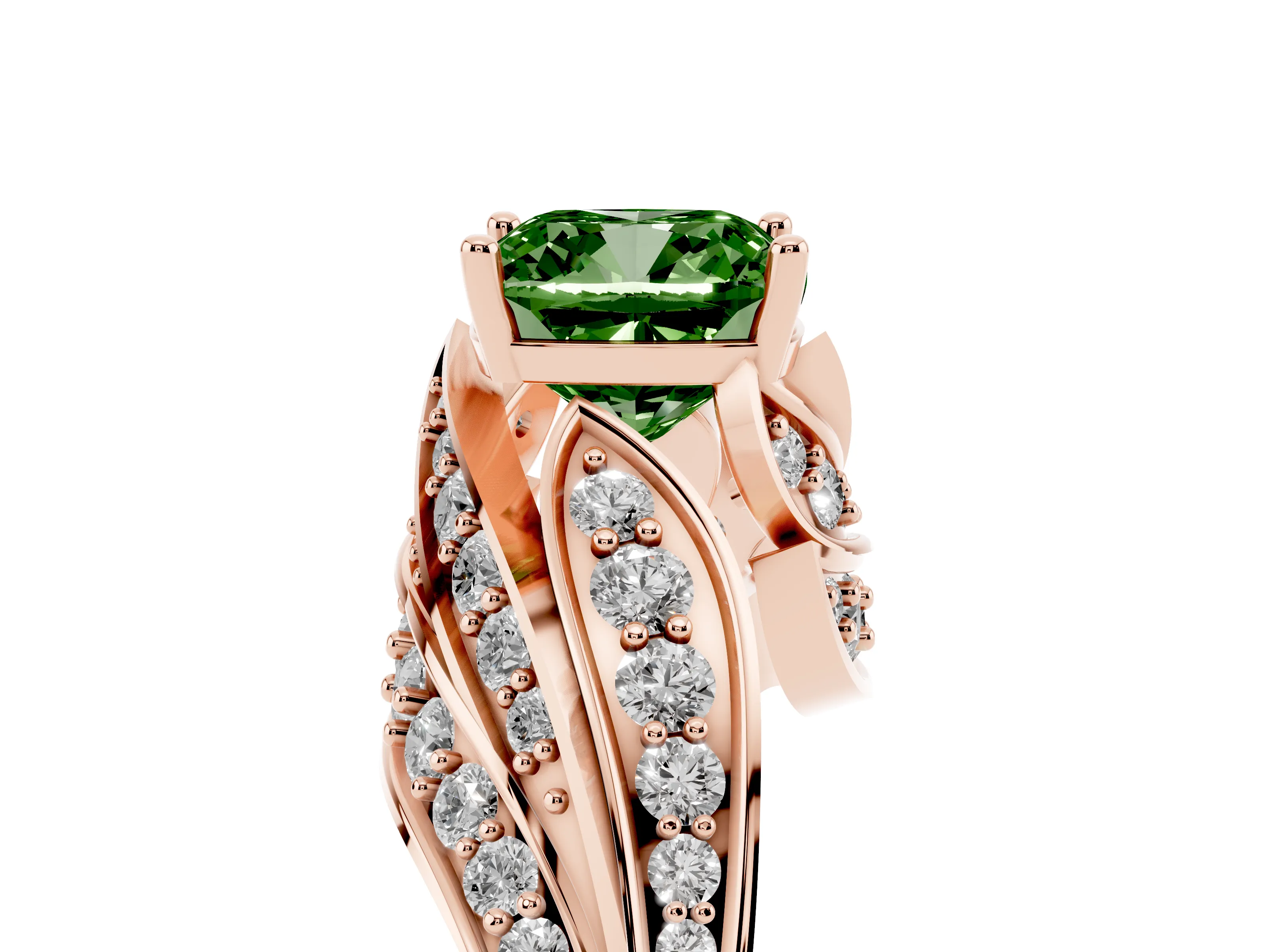 Fancy Green Cushion Cut Diamond Solitaire Ring Set in Rose gold with Layered Twist Pavé Band