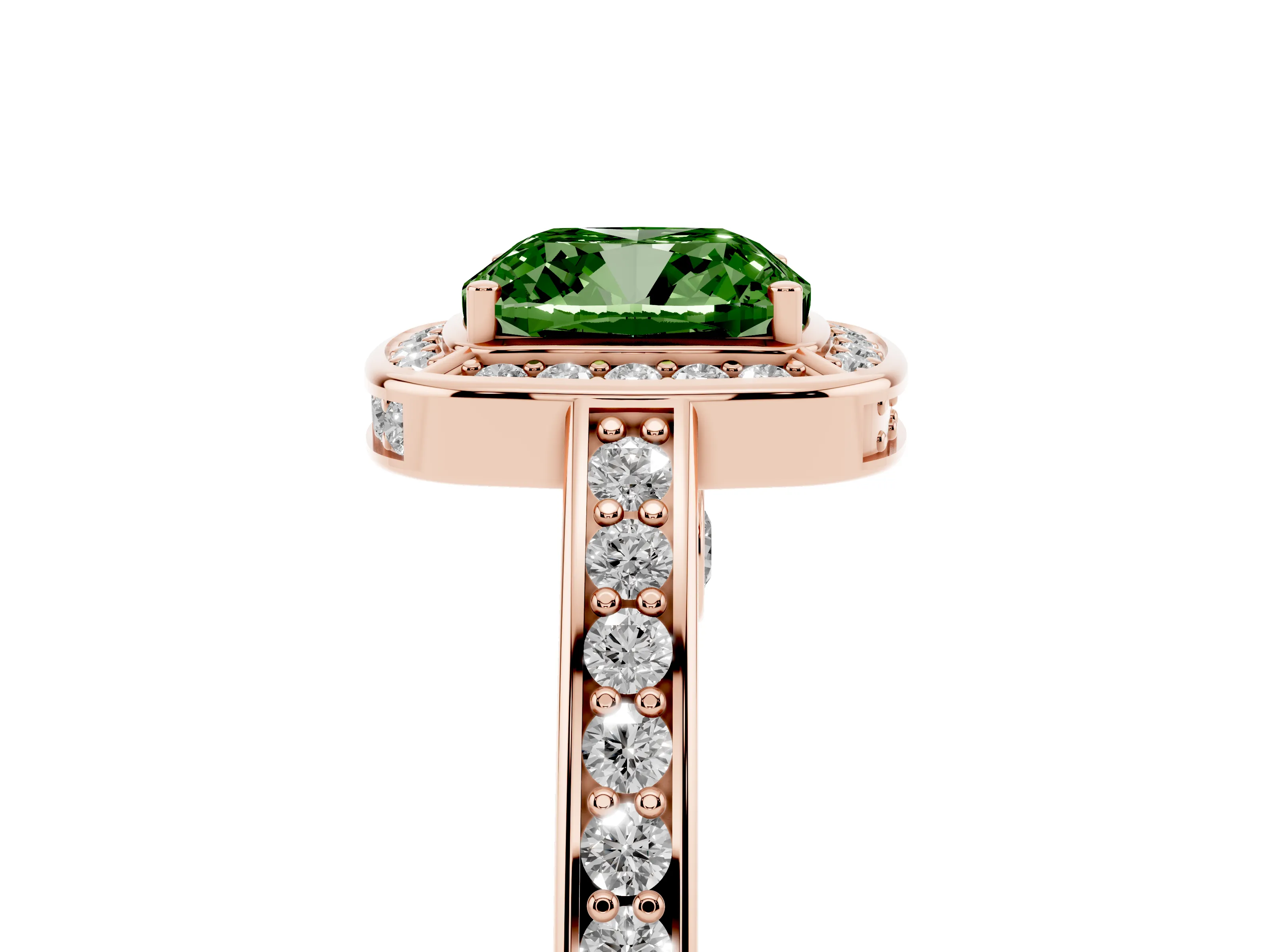 Fancy Green Cushion Cut Diamond Halo Pavé Split Shank Ring Set in Rose gold with Prong Setting