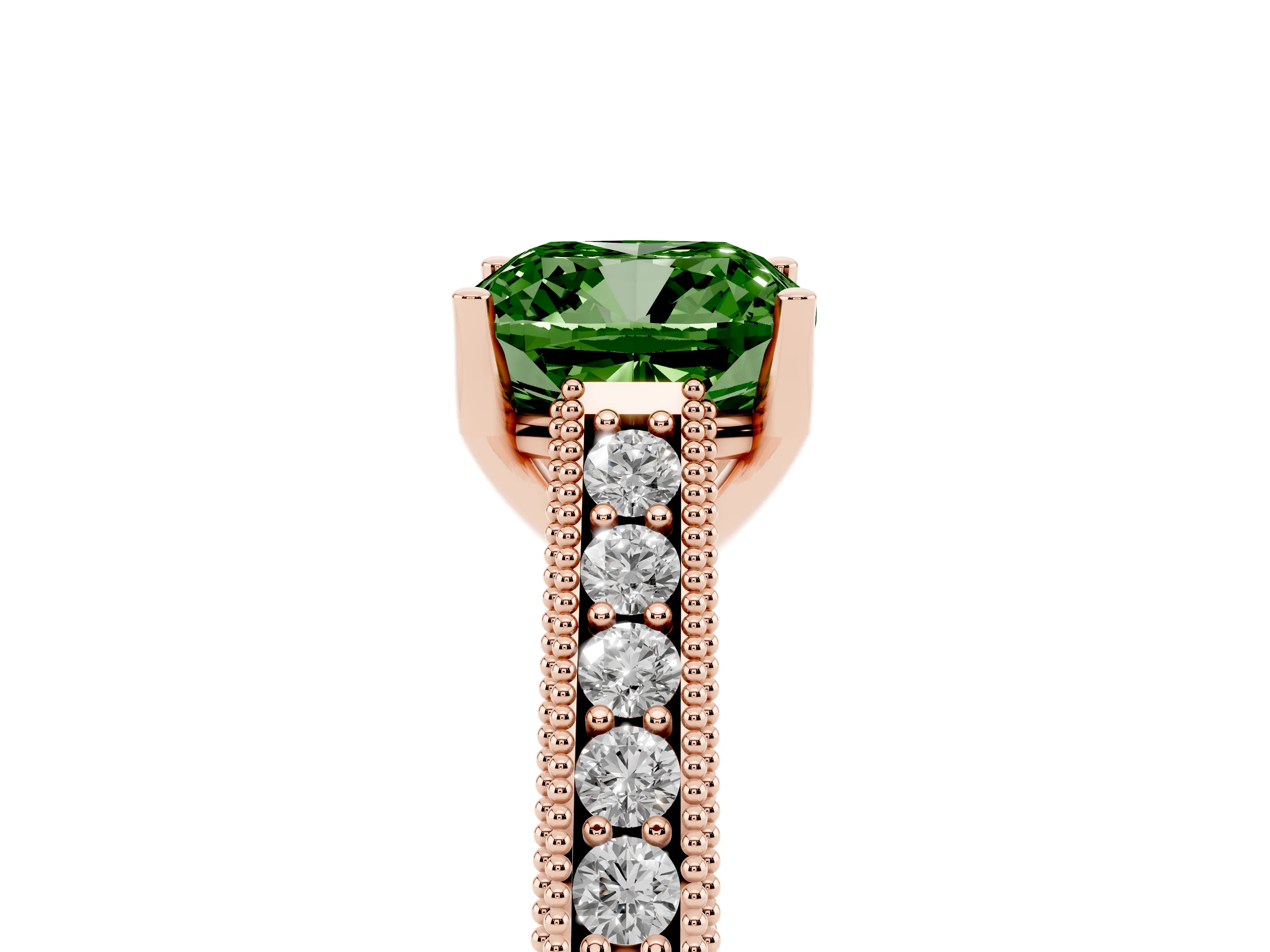 Fancy Green Cushion Cut Diamond Milgrain Pavé Band Solitaire Ring Set in Rose gold with Prong Setting