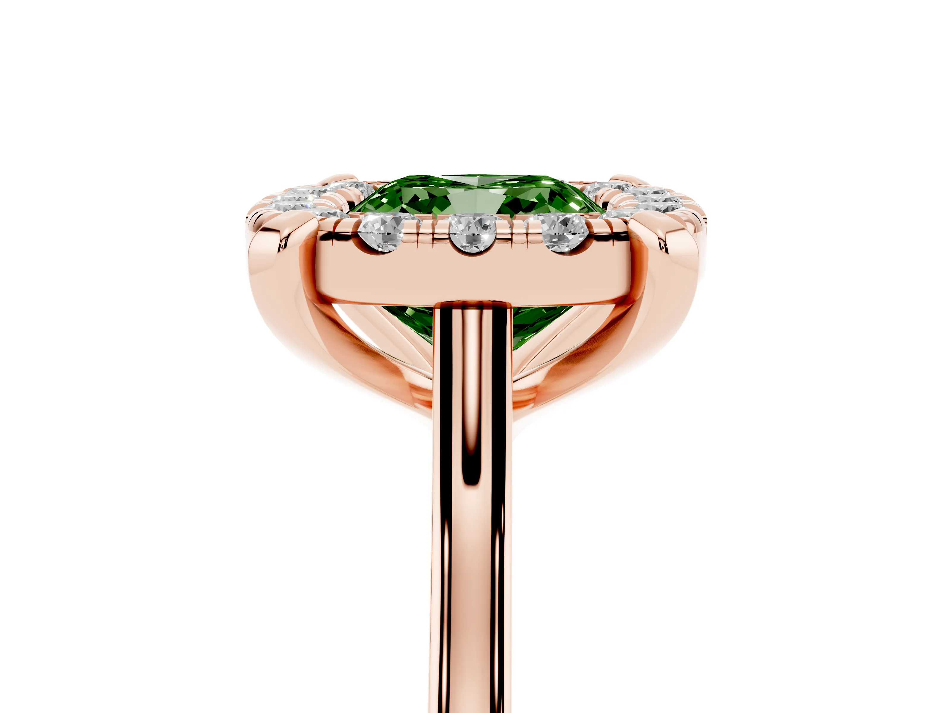 Fancy Green Cushion Cut Diamond Cluster Halo Solitaire Ring Set in Rose gold with Prong Setting