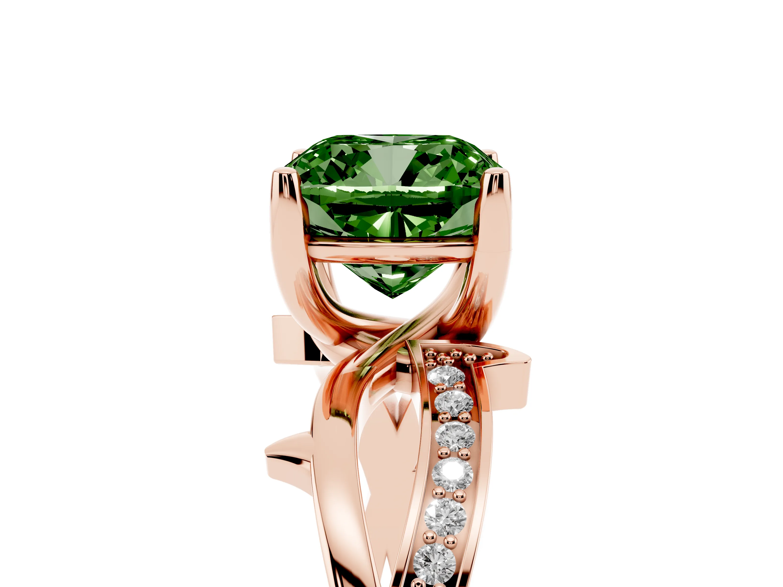 Fancy Green Cushion Cut Diamond Pavé Twist Band Solitaire Ring Set in Rose gold with Prong Setting