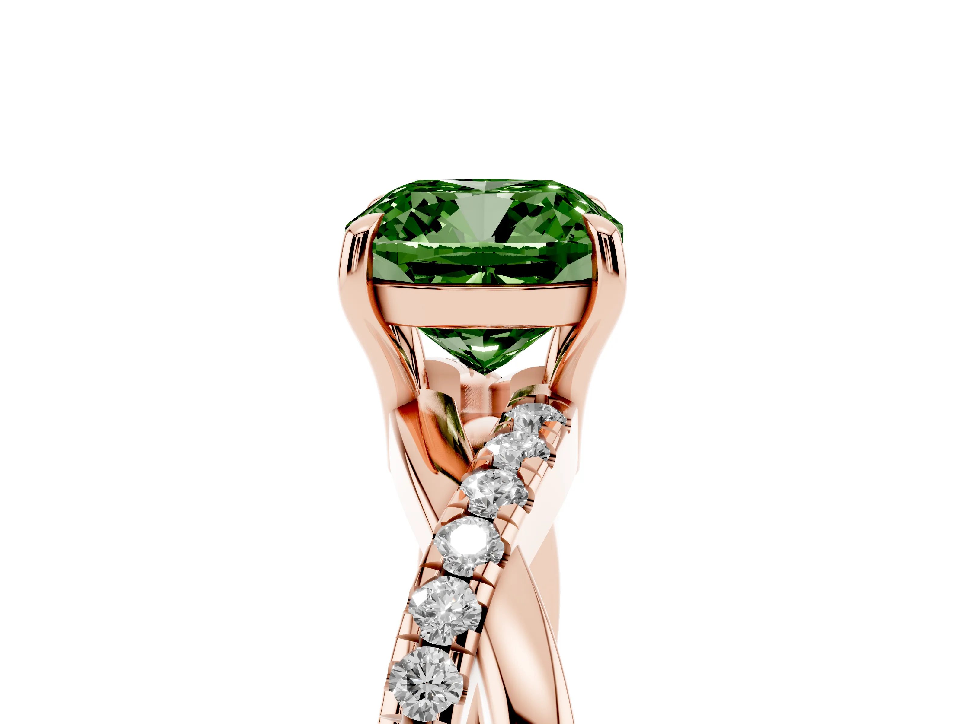 Fancy Green Cushion Cut Diamond Twisted Pavé Band Ring Set in Rose gold with Prong Setting