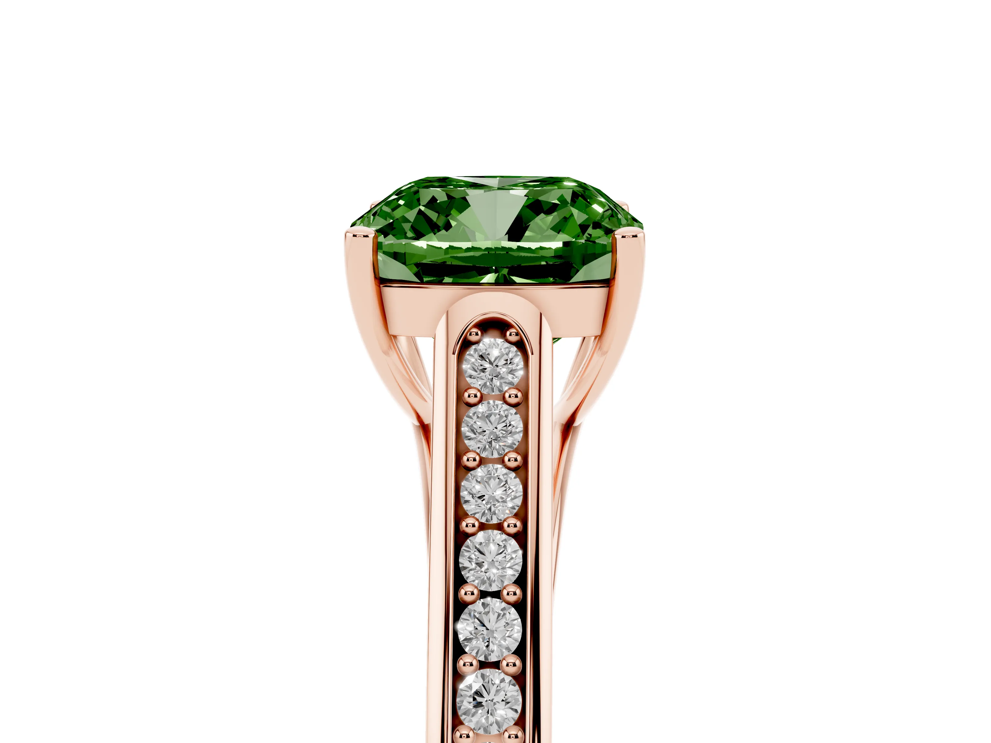 Fancy Green Cushion Cut Diamond Solitaire Cathedral Engagement Ring Set in Rose gold with Channel-Set Band and Prong Setting