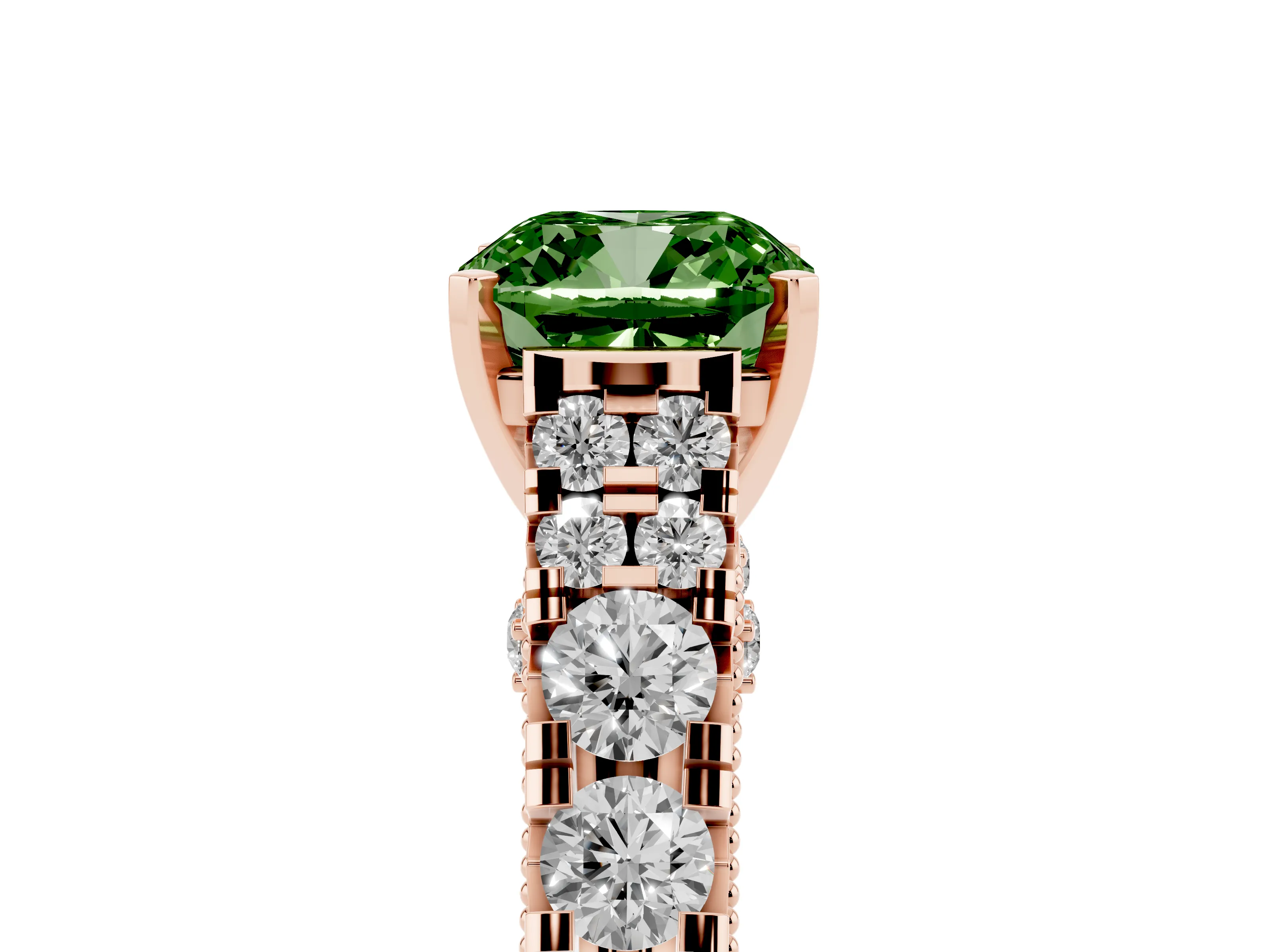 Fancy Green Cushion Cut Diamond Classic Solitaire Ring Set in Rose gold with Pavé Band and Prong Setting