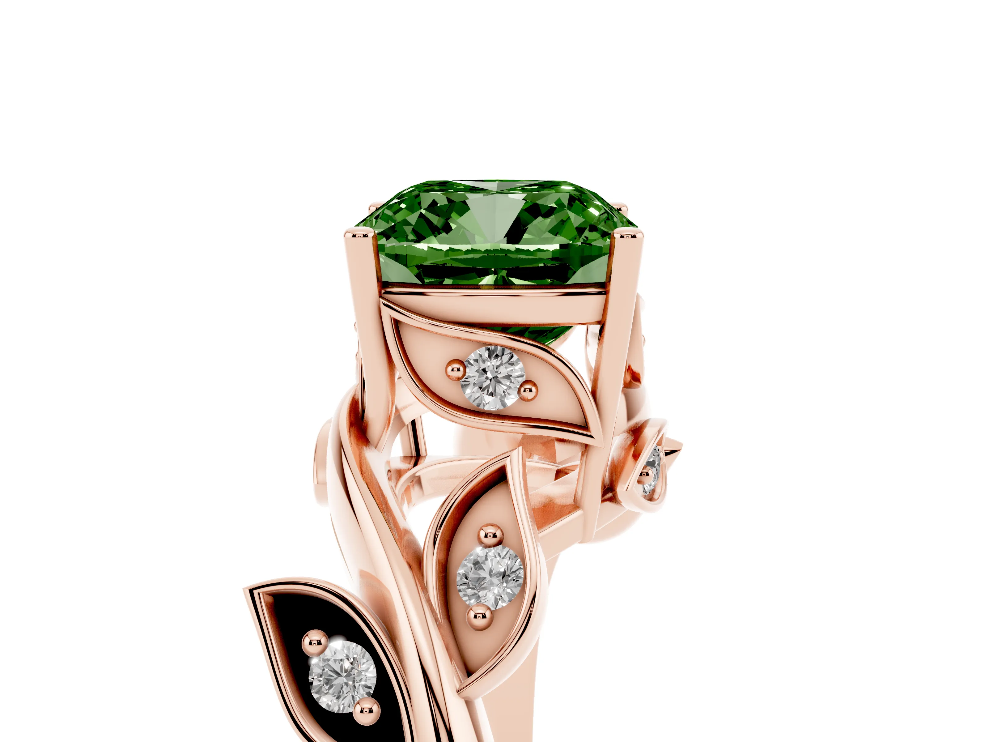 Fancy Green Cushion Cut Diamond Solitaire Twist Engagement Ring Set in Rose gold with Pavé Leaf Accents