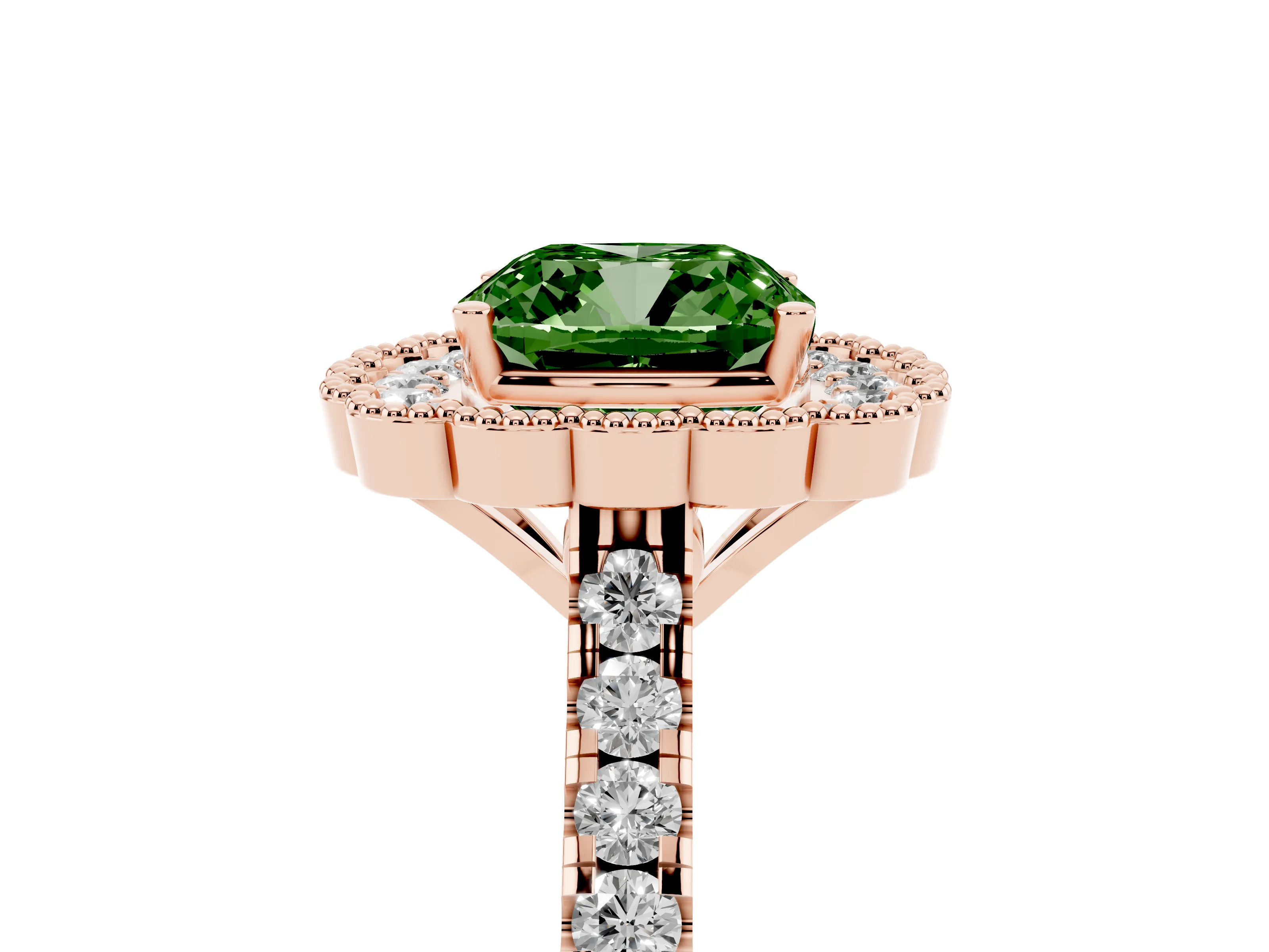 Fancy Green Cushion Cut Diamond Milgrain Floral Halo Engagement Ring Set in Rose gold with Pavé Band