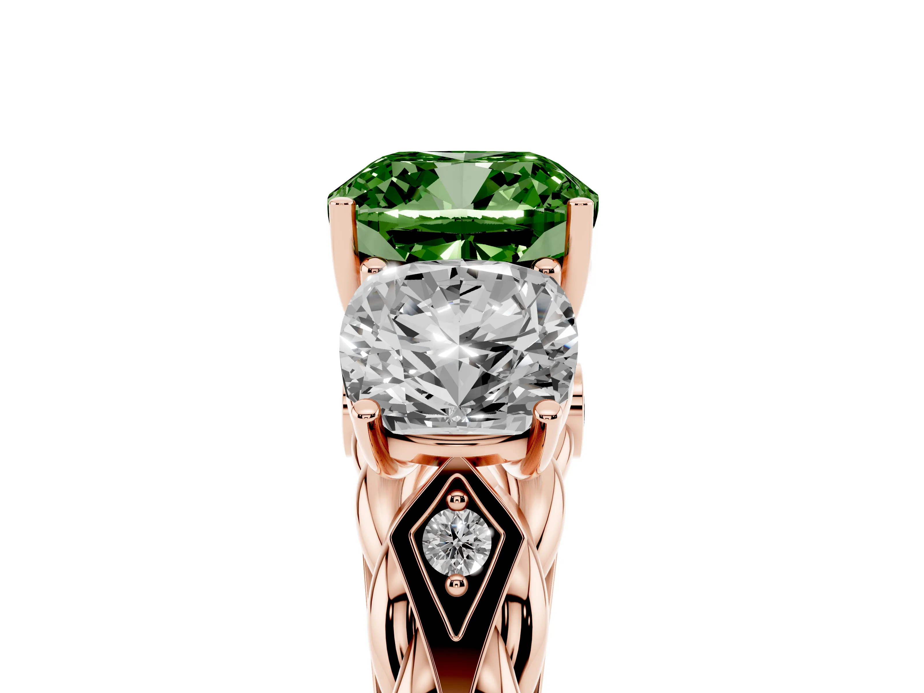 Fancy Green Cushion Cut Diamond Three-Stone Ring Set in Rose gold with Braided Band