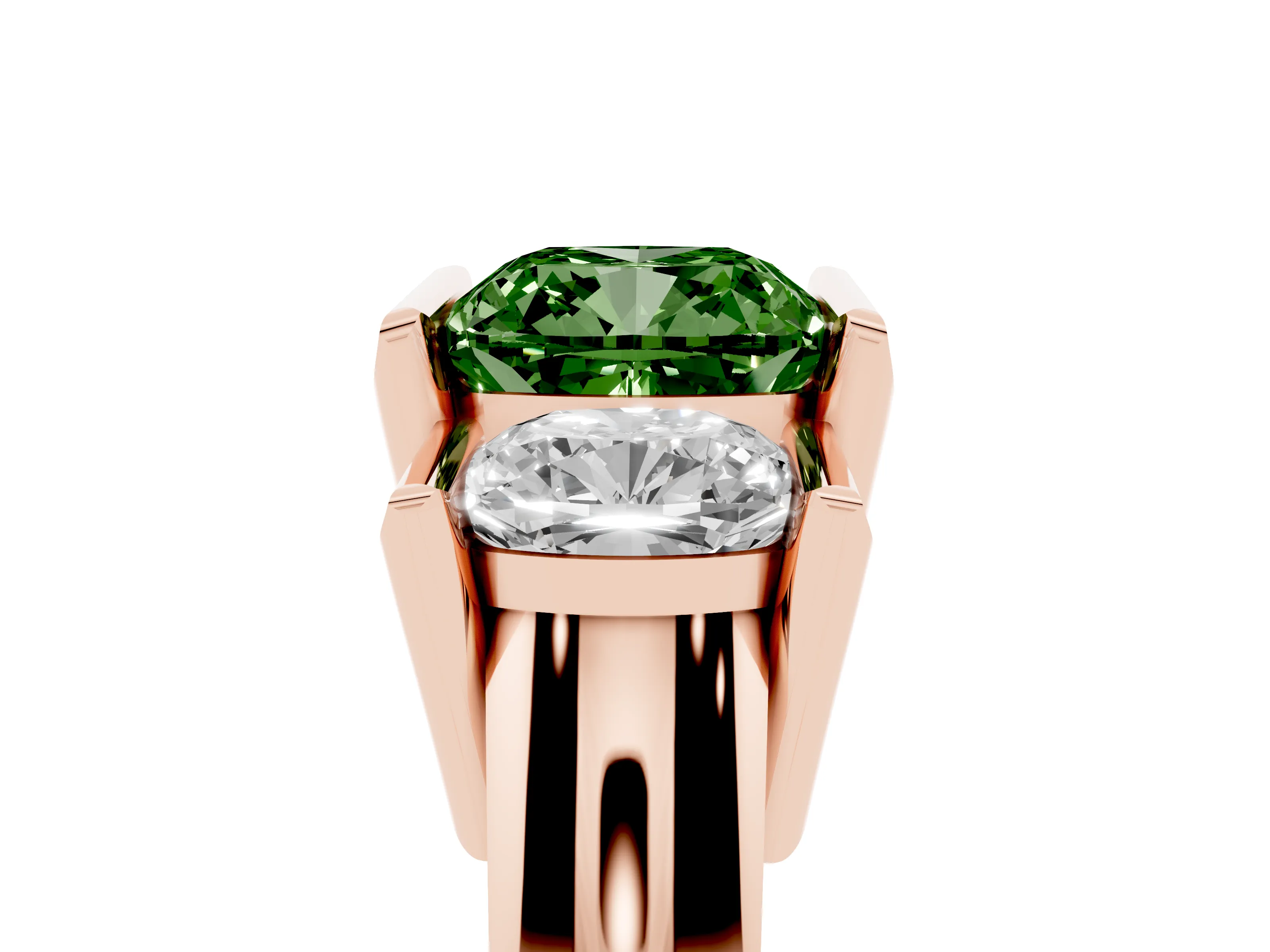 Fancy Green Cushion Cut Diamond Three-Stone Channel Set Ring Set in Rose gold with Smooth Polished Band