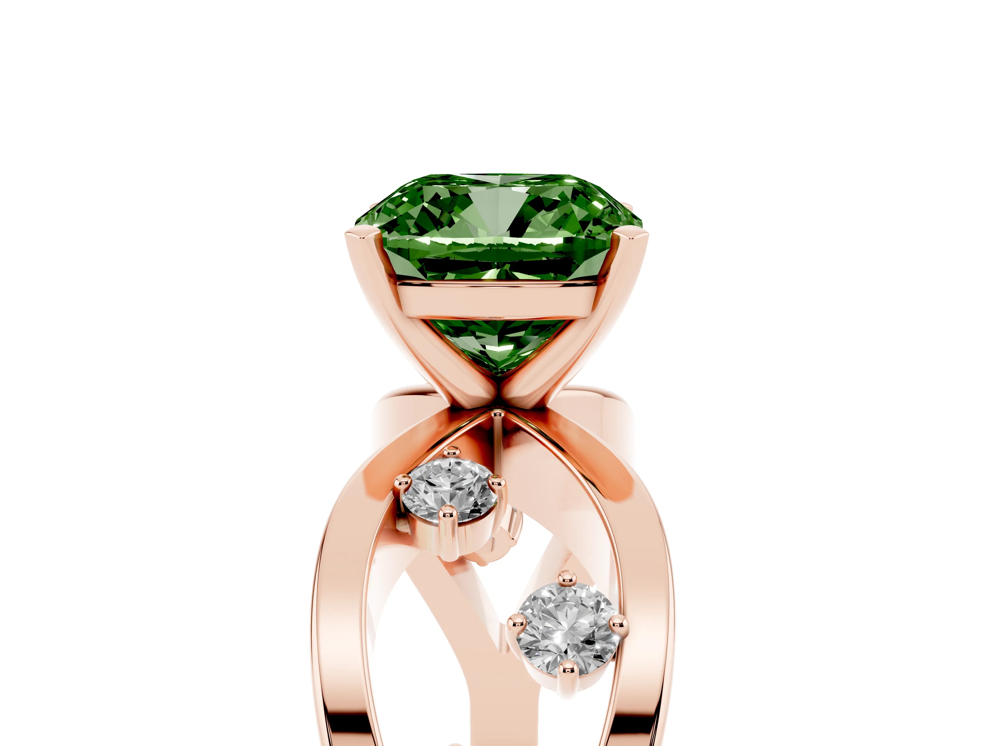 Fancy Green Cushion Cut Diamond Solitaire Ring Set in Rose gold with Side Stones on Criss-Cross Band and Prong Setting