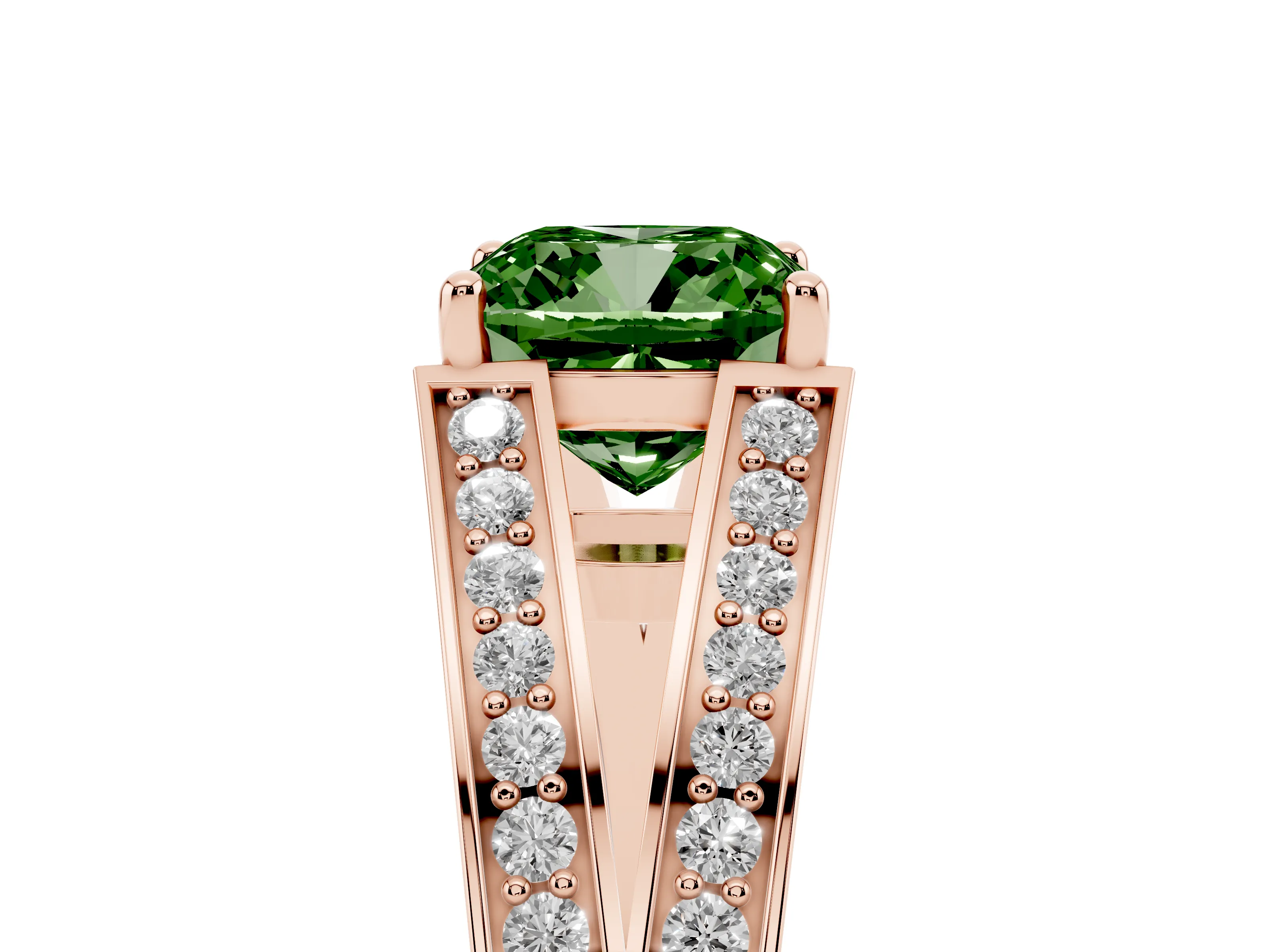 Fancy Green Cushion Cut Diamond Split Shank Ring Set in Rose gold with Pavé Band and Prong Setting