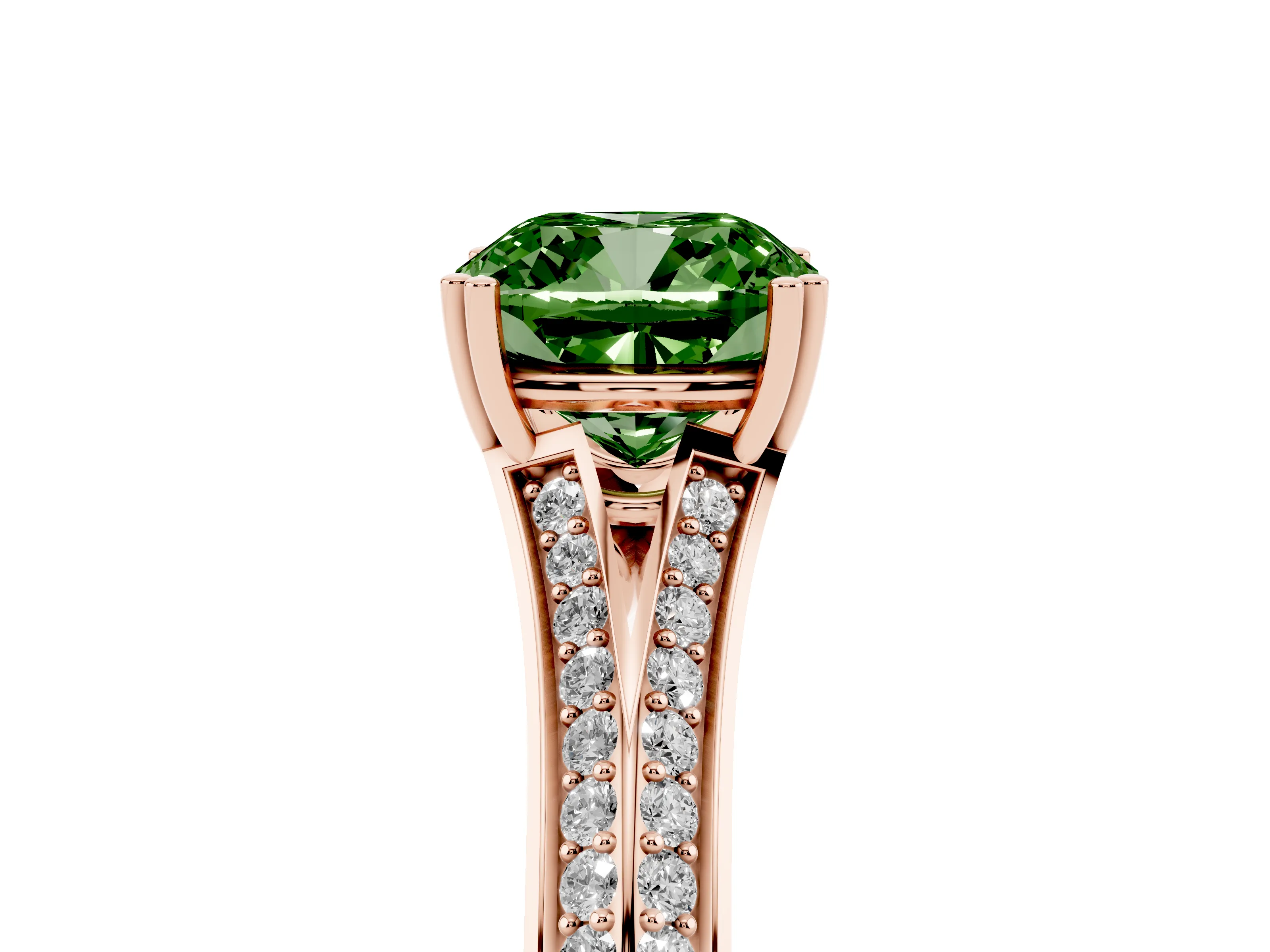 Fancy Green Cushion Cut Diamond Split Shank Pavé Engagement Ring Set in Rose gold with Prong-Set Center Stone