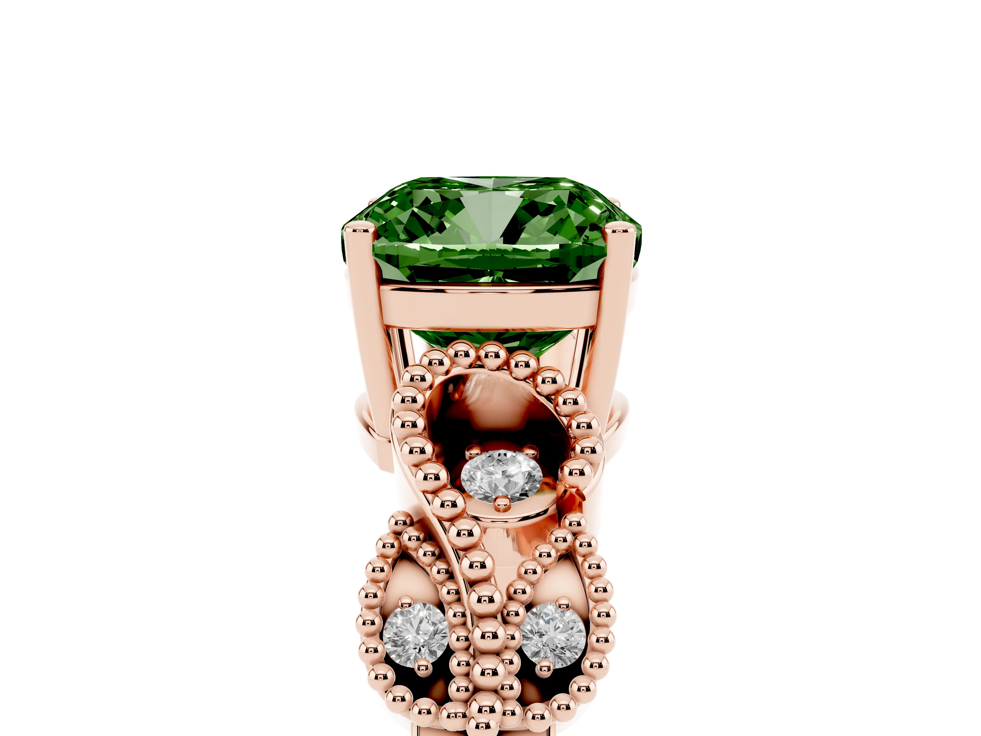 Fancy Green Cushion Cut Diamond Milgrain Leaf Band Solitaire Ring Set in Rose gold with Accent Stones and Prong Setting