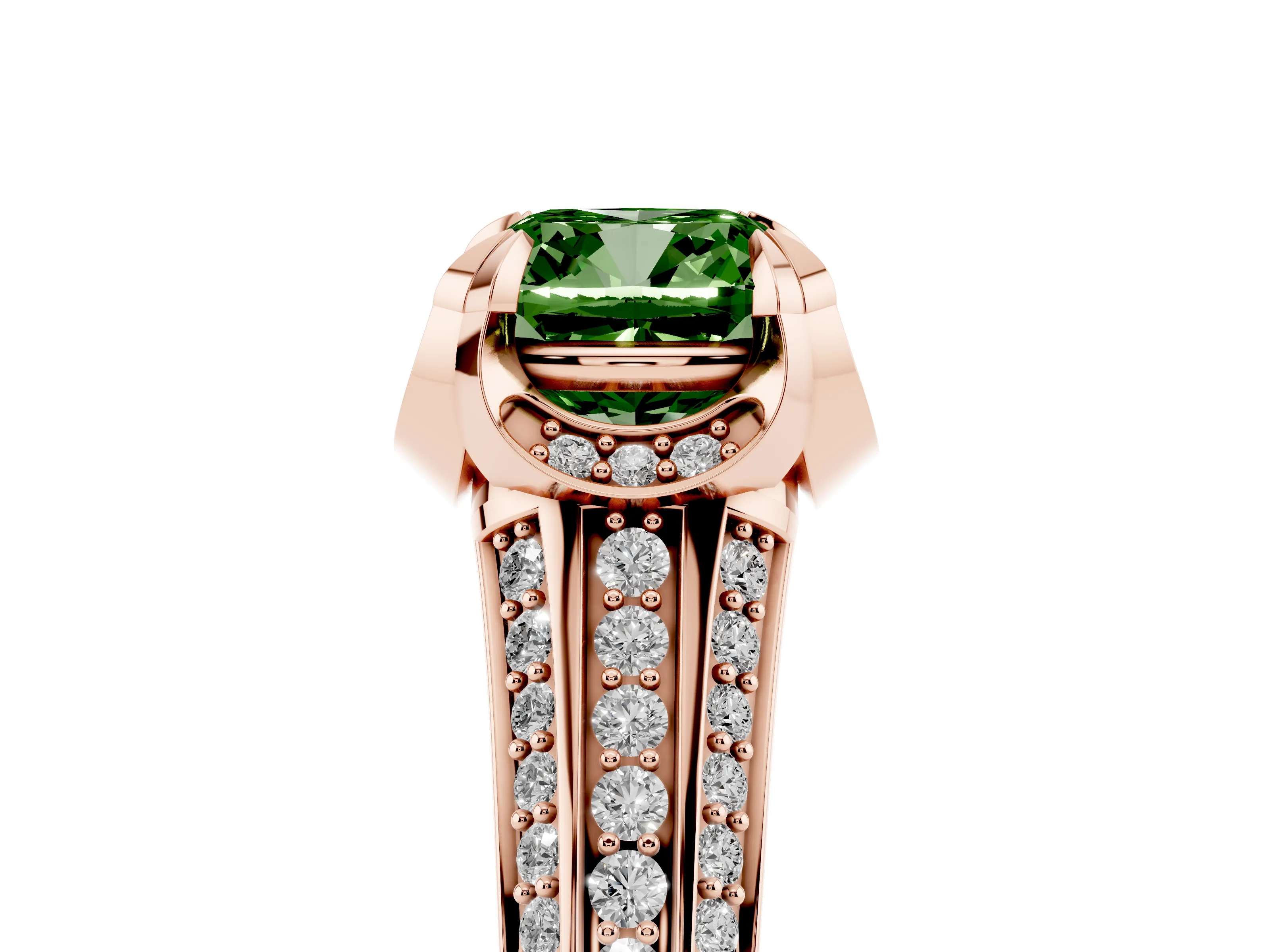 Fancy Green Cushion Cut Diamond Pavé Split Shank Solitaire Ring Set in Rose gold with Prong Setting