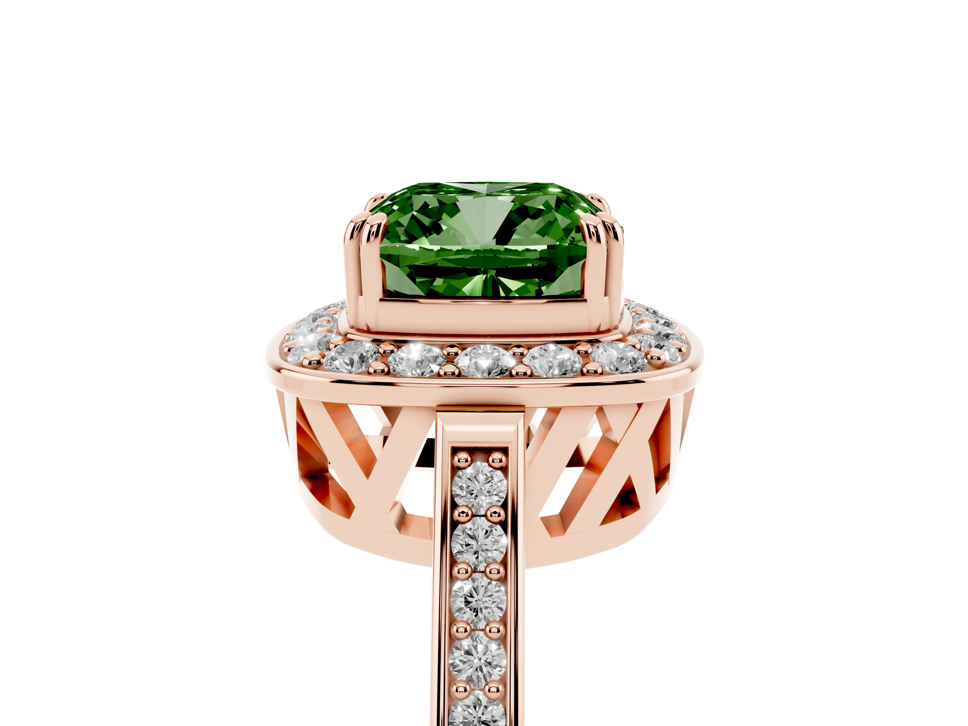 Fancy Green Cushion Cut Diamond Halo Ring Set in Rose gold with Accent-Lined Split Shank and Prong Setting