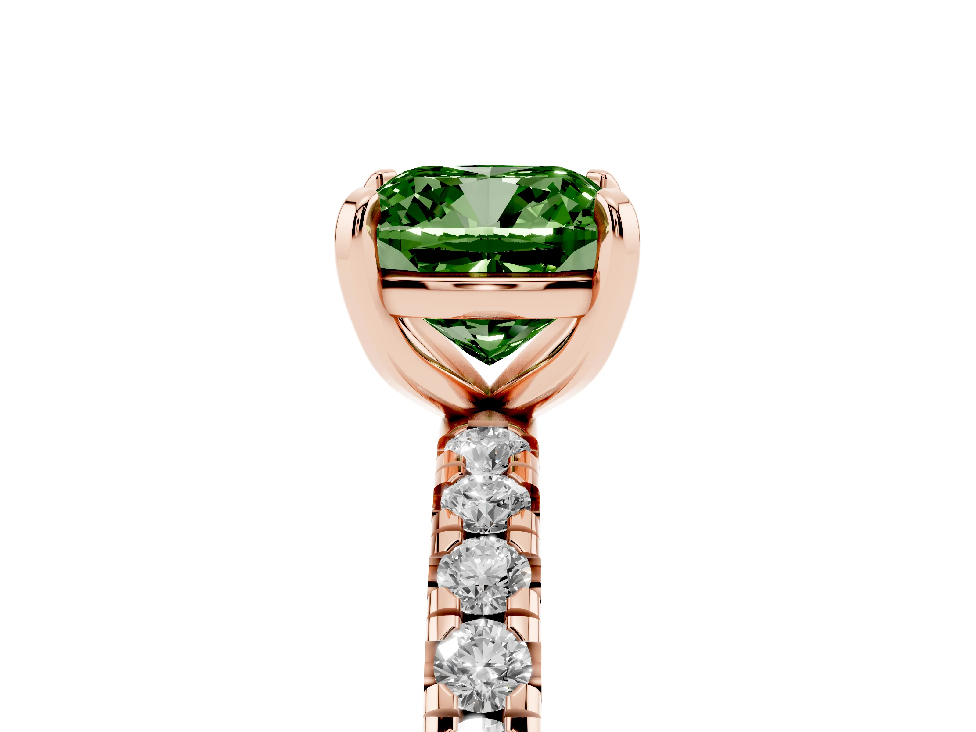 Fancy Green Cushion Cut Diamond Pavé Solitaire Ring Set in Rose gold with Round Band and Prong Setting