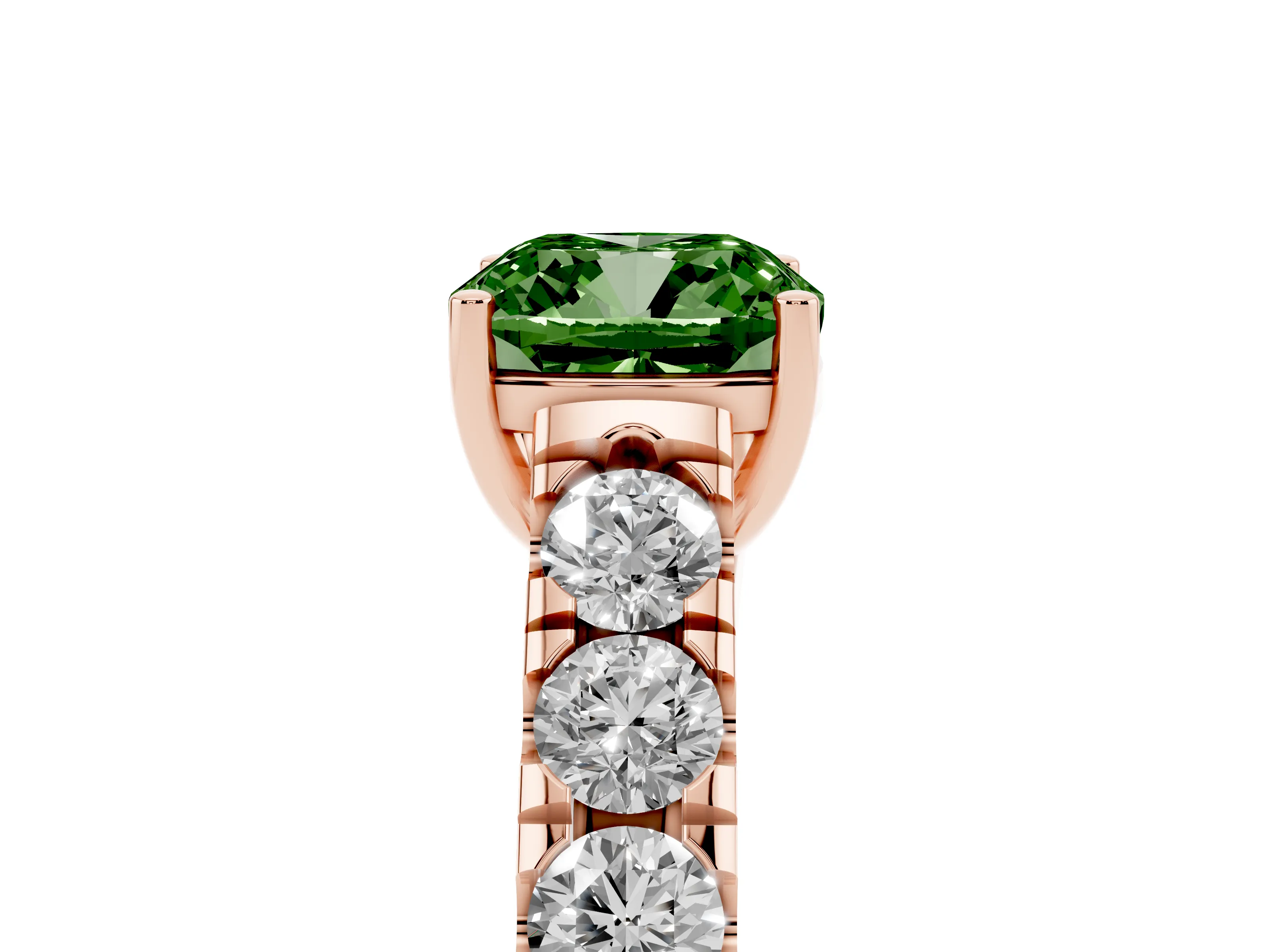 Fancy Green Cushion Cut Diamond Solitaire Ring Set in Rose gold with Cut-Down Micro Pavé Band and Prong Setting