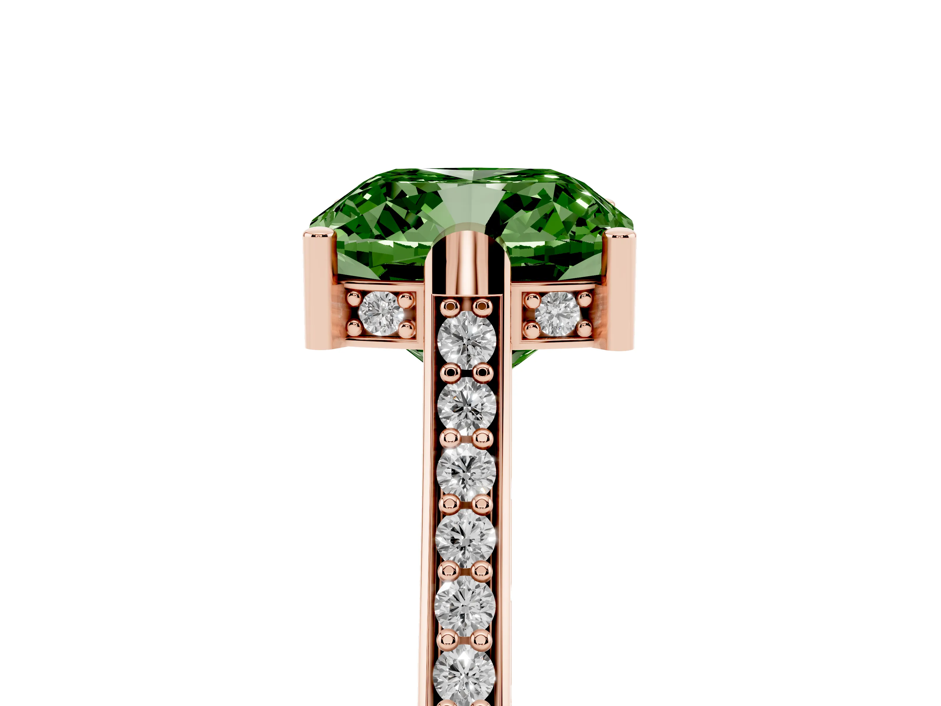 Fancy Green Cushion Cut Diamond Solitaire Ring Set in Rose gold with Channel Set Band and Bezel Prong Setting