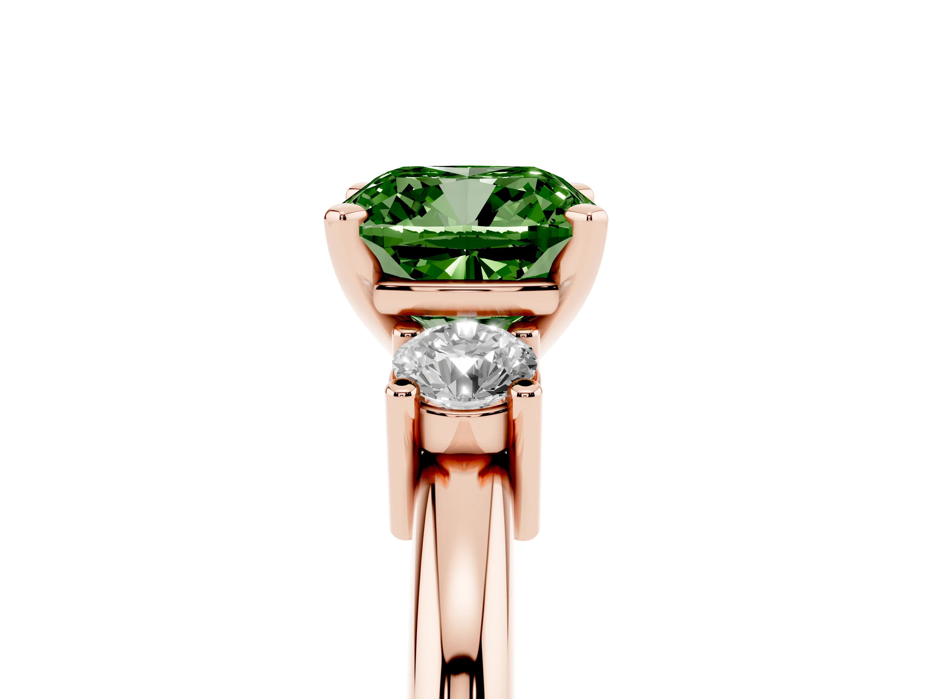 Fancy Green Three-Stone Cushion Cut Diamond Ring Set in Rose gold with Prong Setting and Plain Band