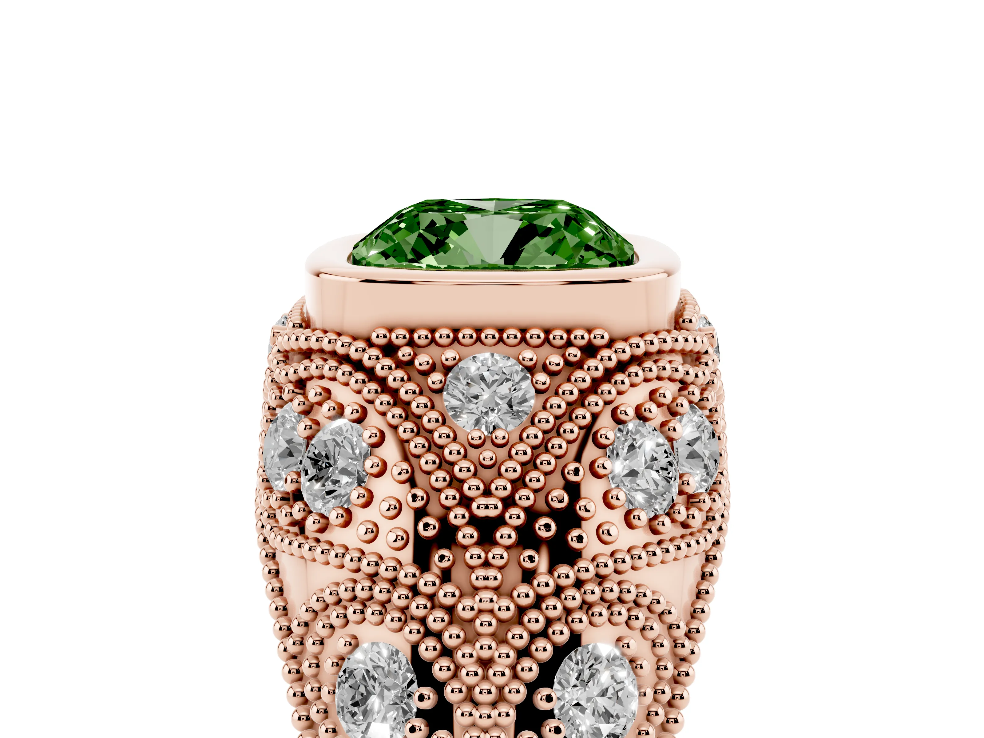 Fancy Green Cushion Cut Diamond Bezel Ring Set in Rose gold with Milgrain Accent Band
