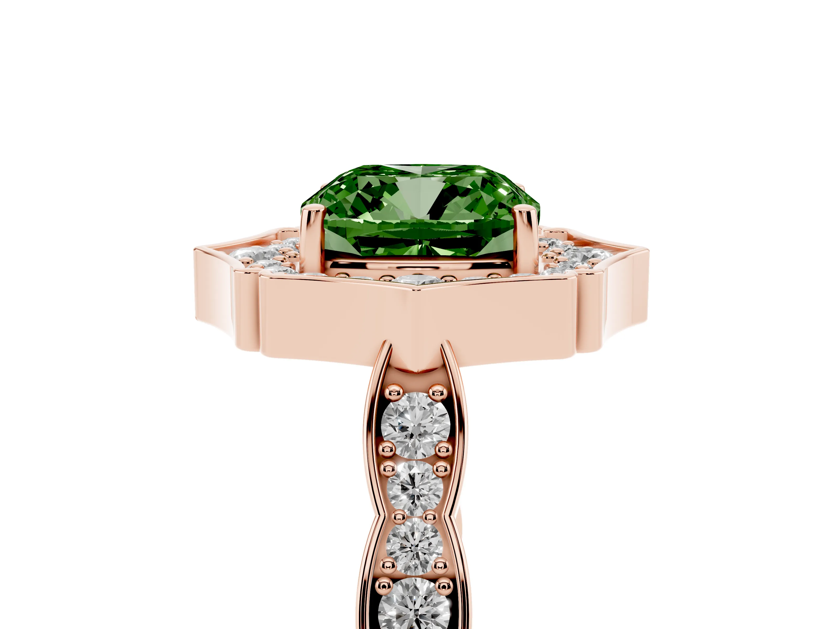 Fancy Green Cushion Cut Diamond Halo Engagement Ring Set in Rose gold with Milgrain Band and Prong Setting