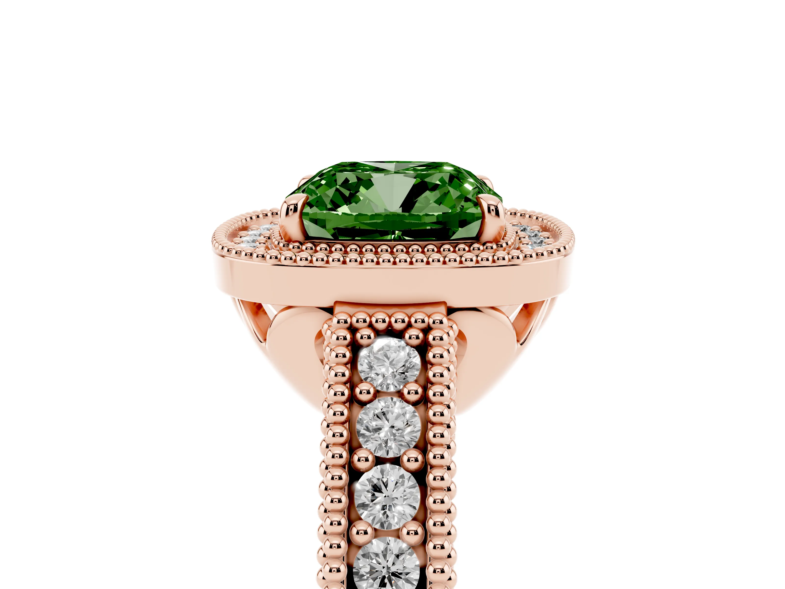 Fancy Green Cushion Cut Diamond Halo Ring Set in Rose gold with Round Accent Halo, Pavé Band and Prong Setting
