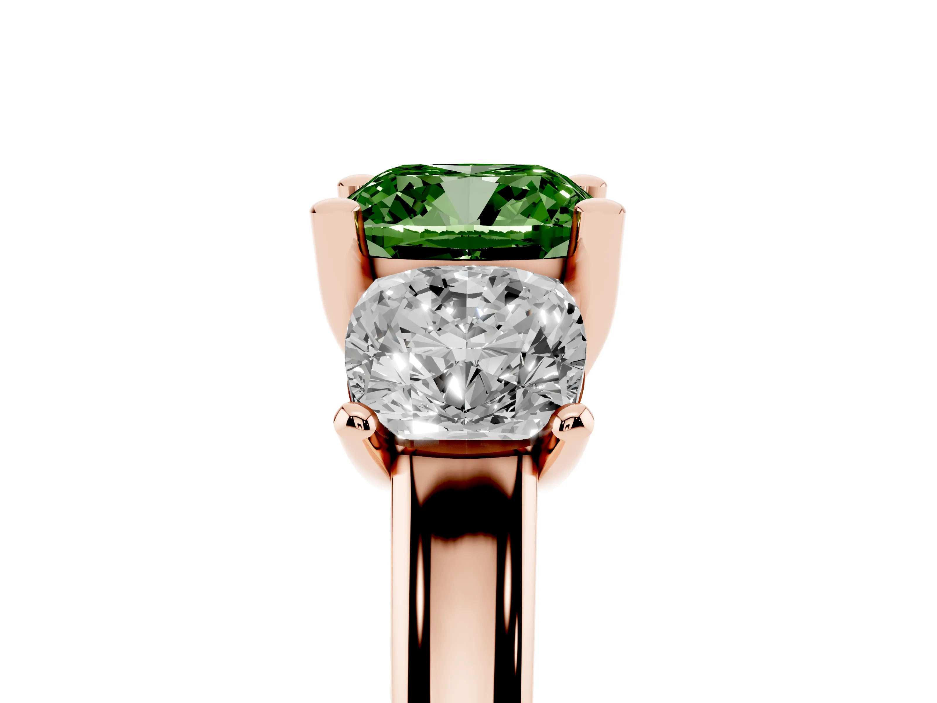 Fancy Green Cushion Cut Diamond Three-Stone Ring Set in Rose gold with Classic Prong Setting and Plain Band