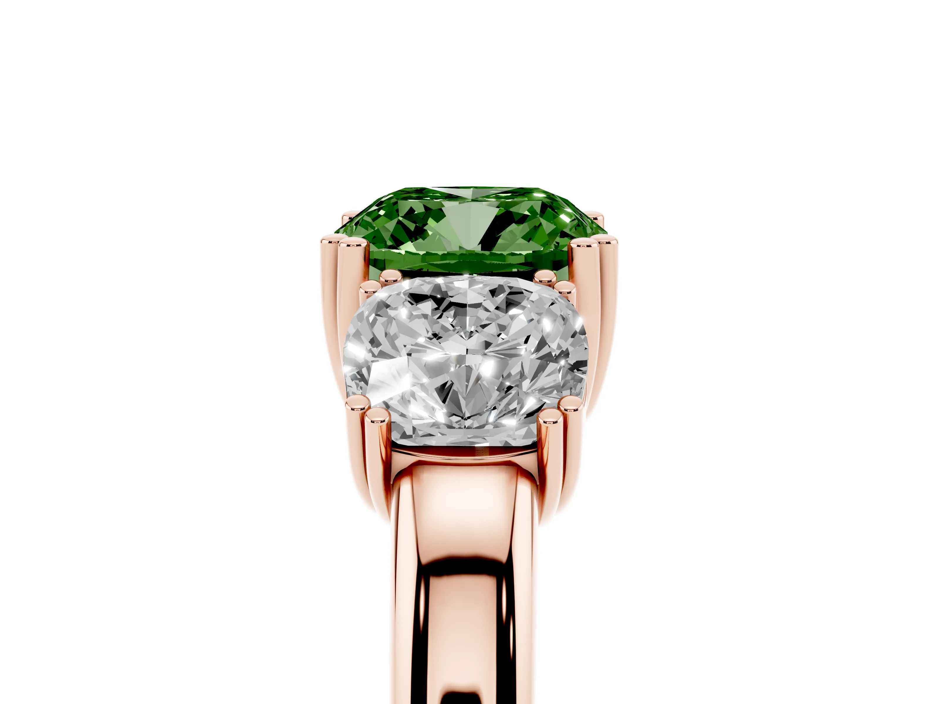 Fancy Green Cushion Cut Diamond Three-Stone Ring Set in Rose gold with Polished Band and Prong Setting