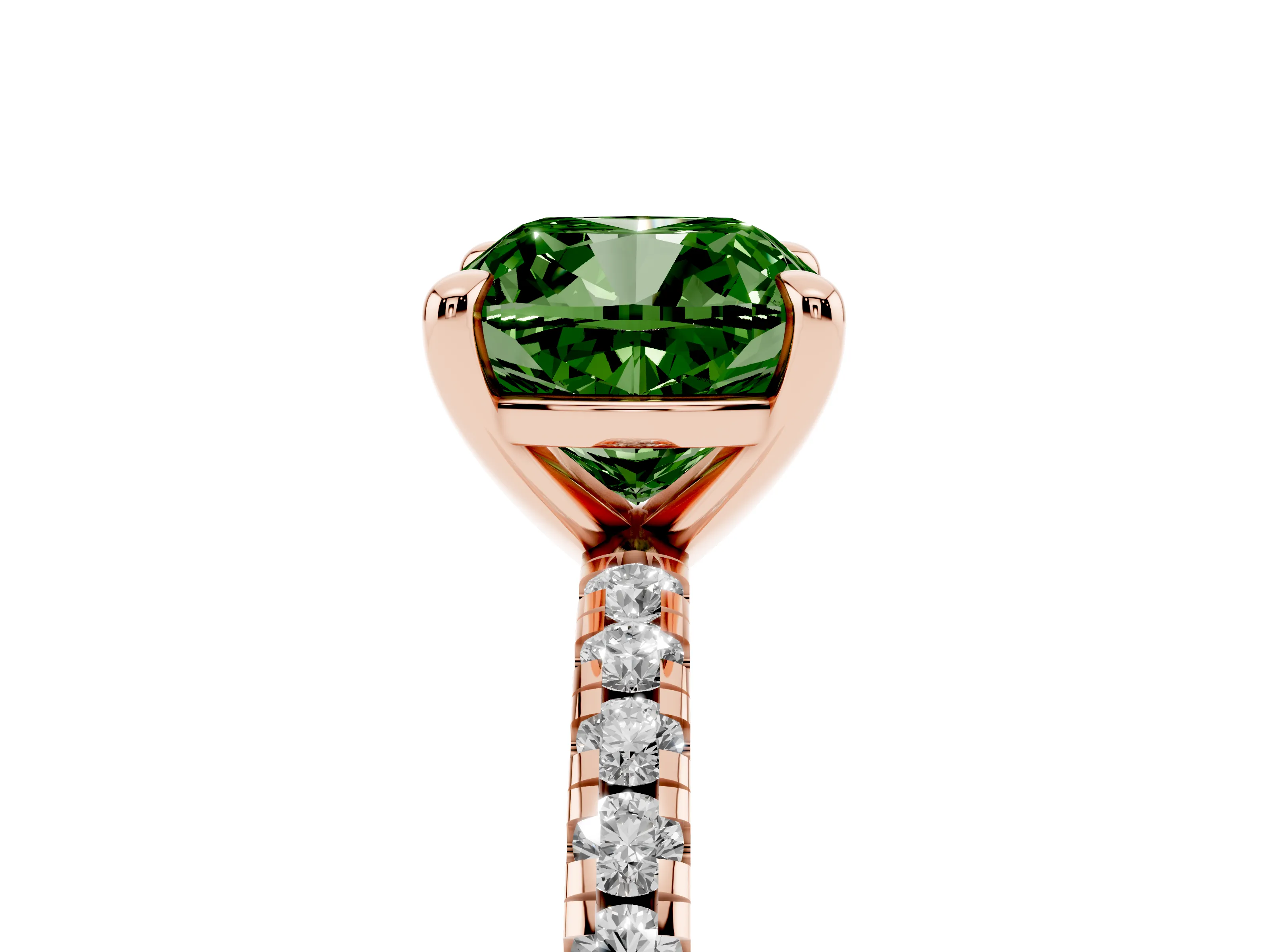 Fancy Green Cushion Cut Diamond Brilliant Solitaire Ring Set in Rose gold with Pavé Band and Prong Setting