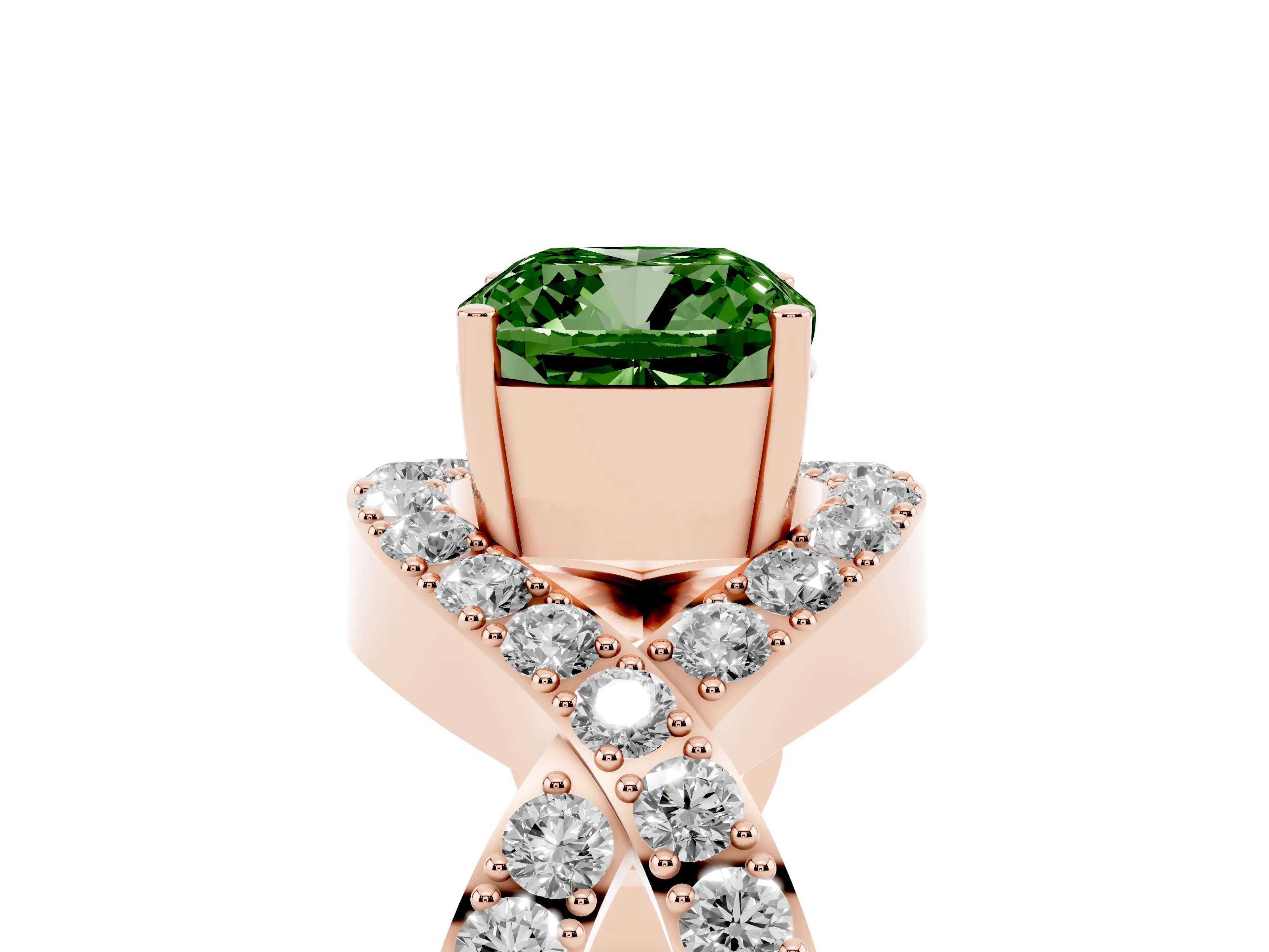 Fancy Green Cushion Cut Diamond Solitaire Twist Band Pavé Engagement Ring Set in Rose gold