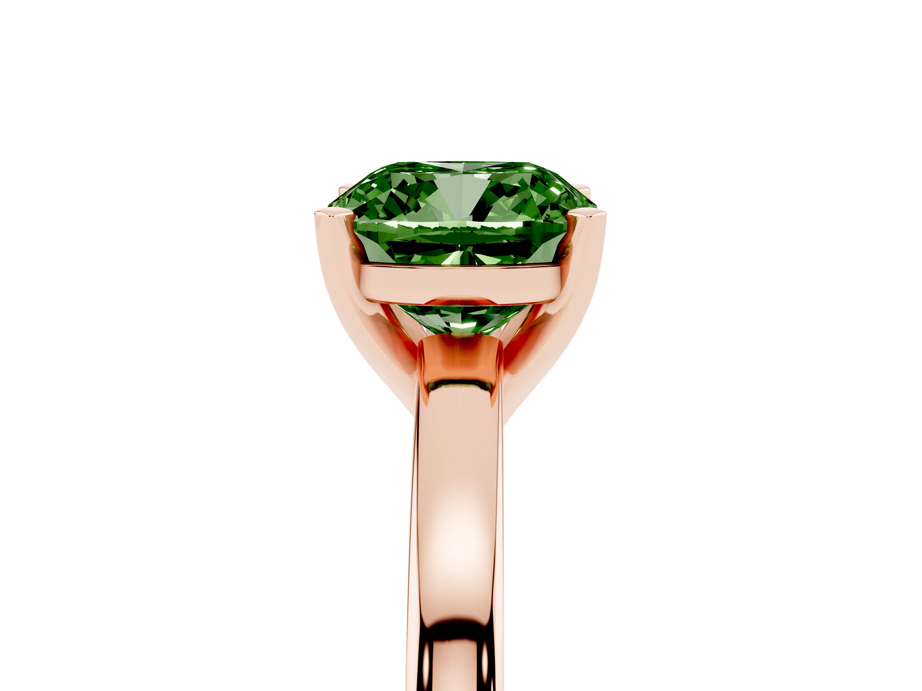 Fancy Green Cushion Cut Diamond Solitaire Engagement Ring Set in Rose gold with Prong Setting on a Classic Band