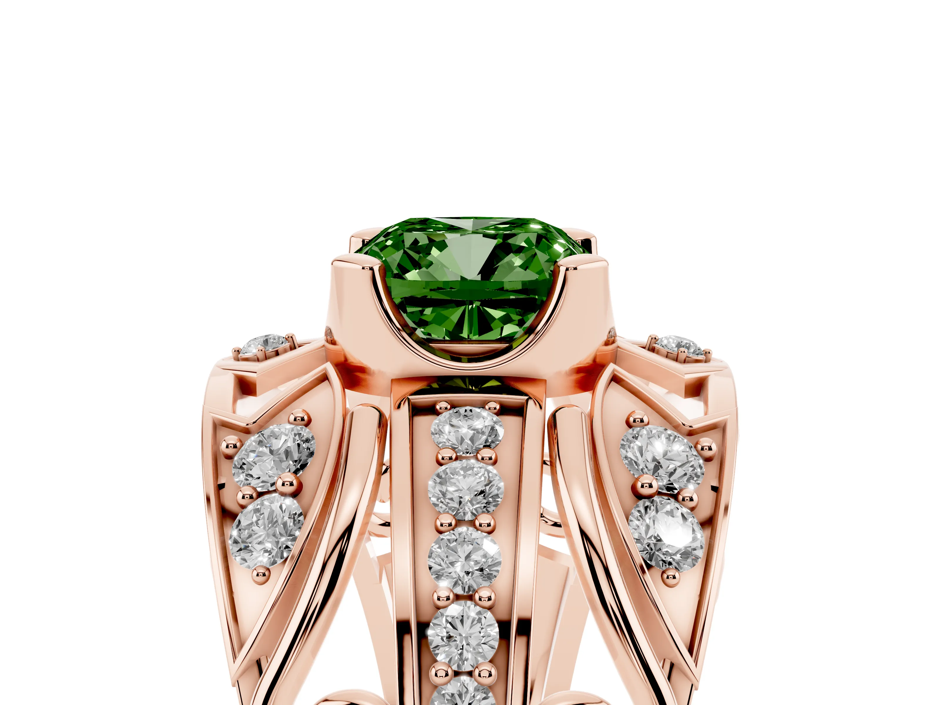 Fancy Green Cushion Cut Diamond Art Deco Ring Set in Rose gold with Pavé Split Shank