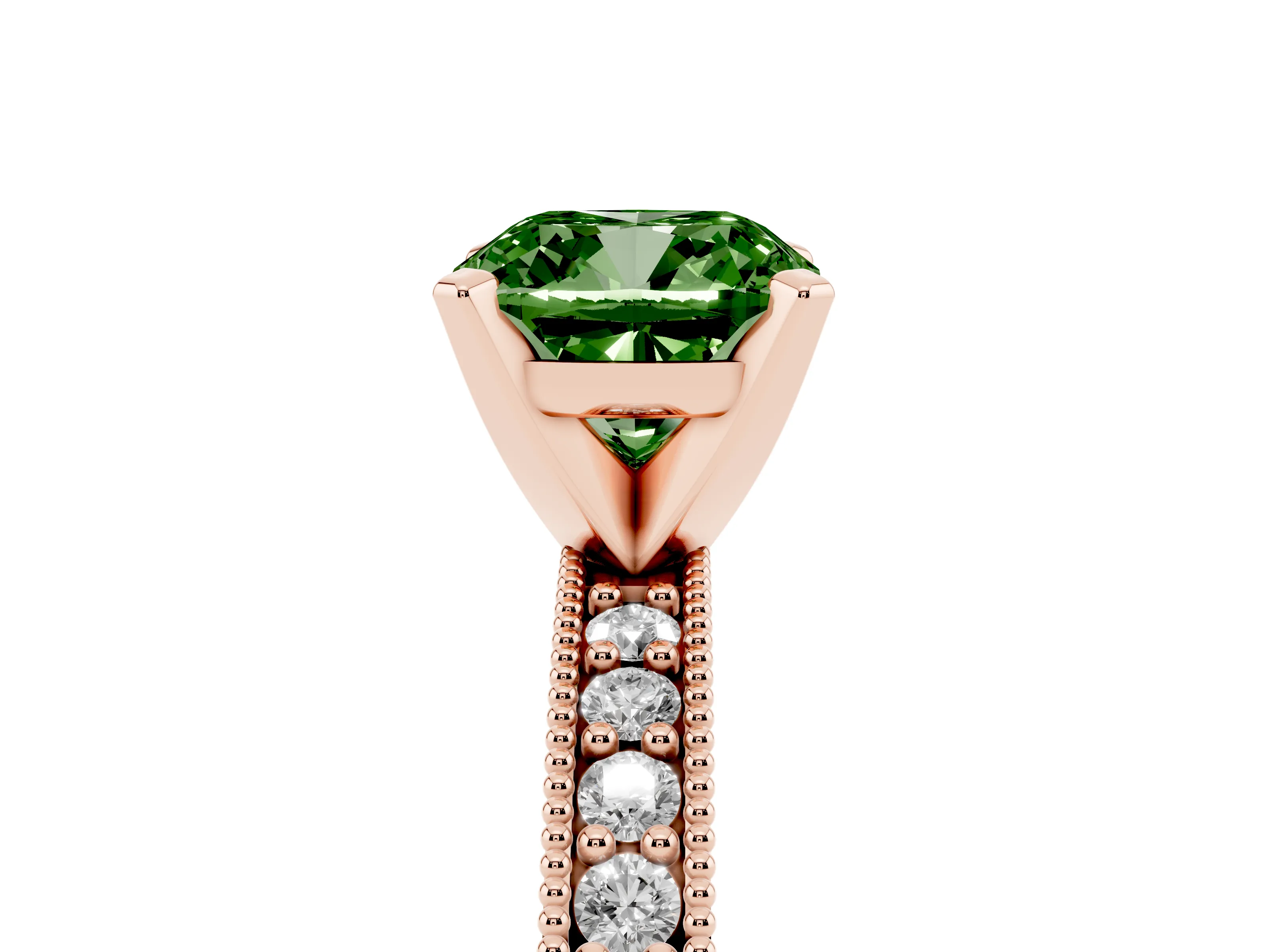 Fancy Green Cushion Cut Diamond Milgrain Pavé Engagement Ring Set in Rose gold with Prong Setting