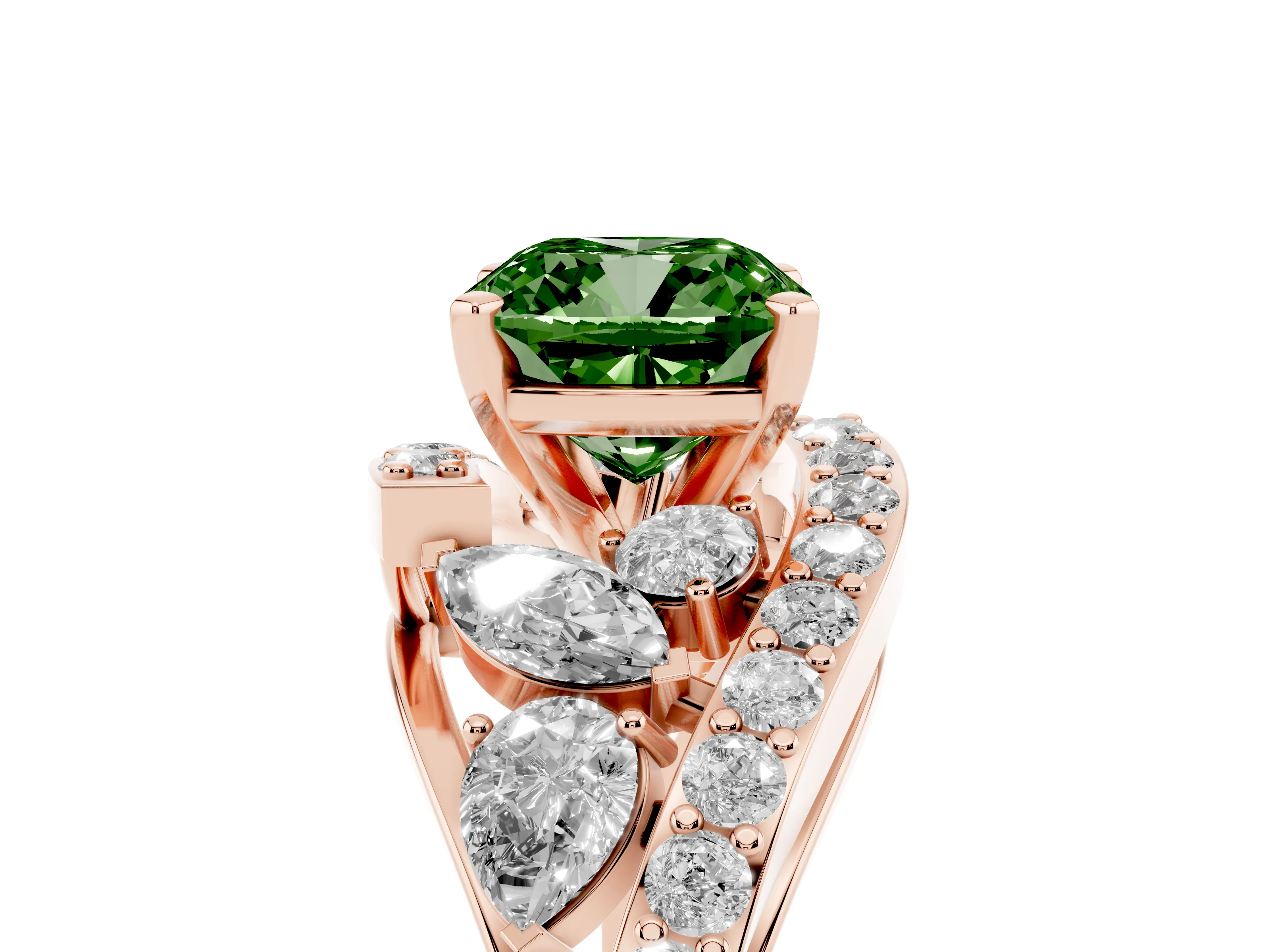 Fancy Green Cushion Cut Diamond Halo Ring Set in Rose gold with Marquise and Pavé Band in Prong Setting