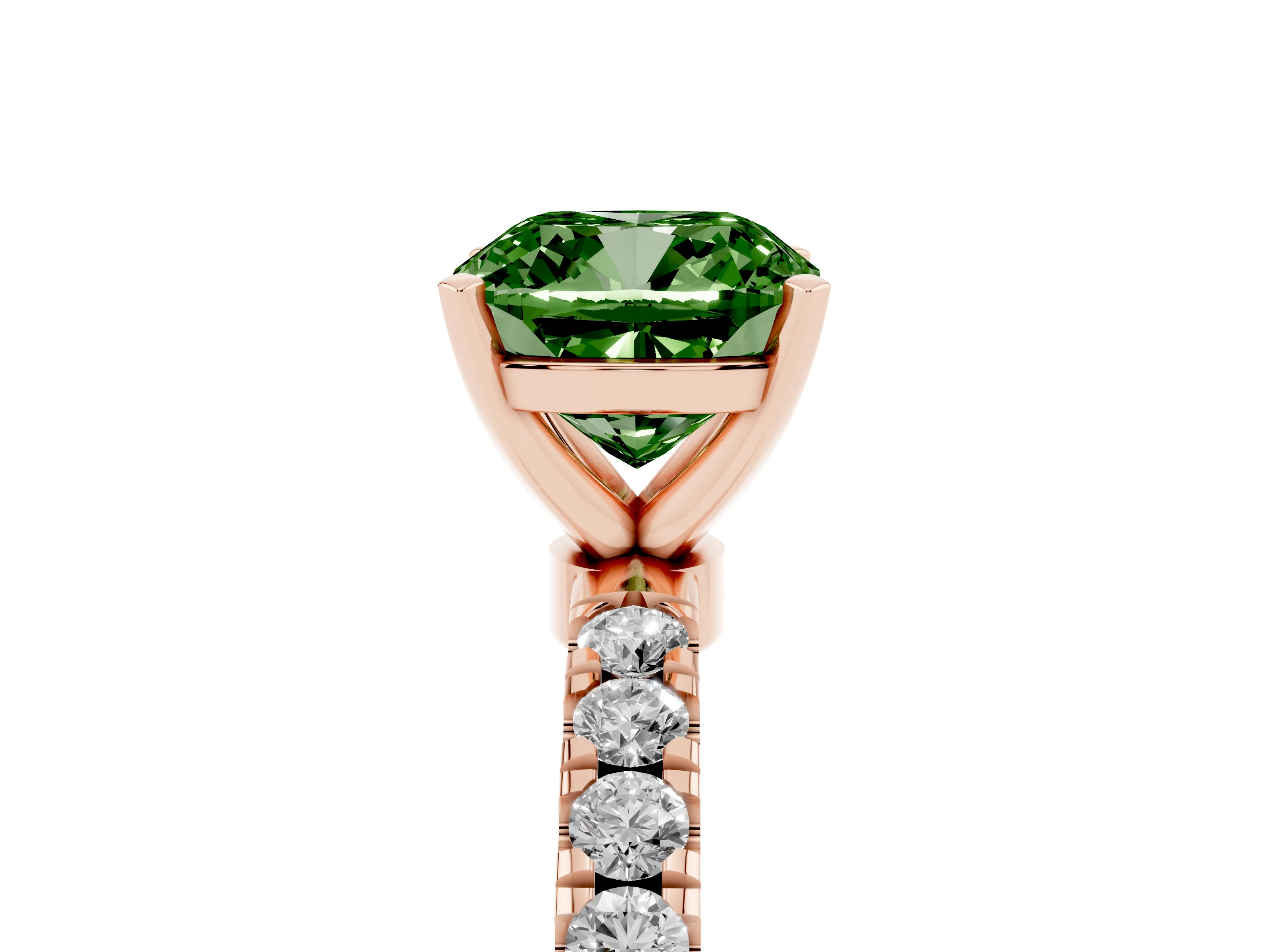 Fancy Green Cushion Cut Diamond Solitaire Ring Set in Rose gold with Pavé Accents and Prong Setting