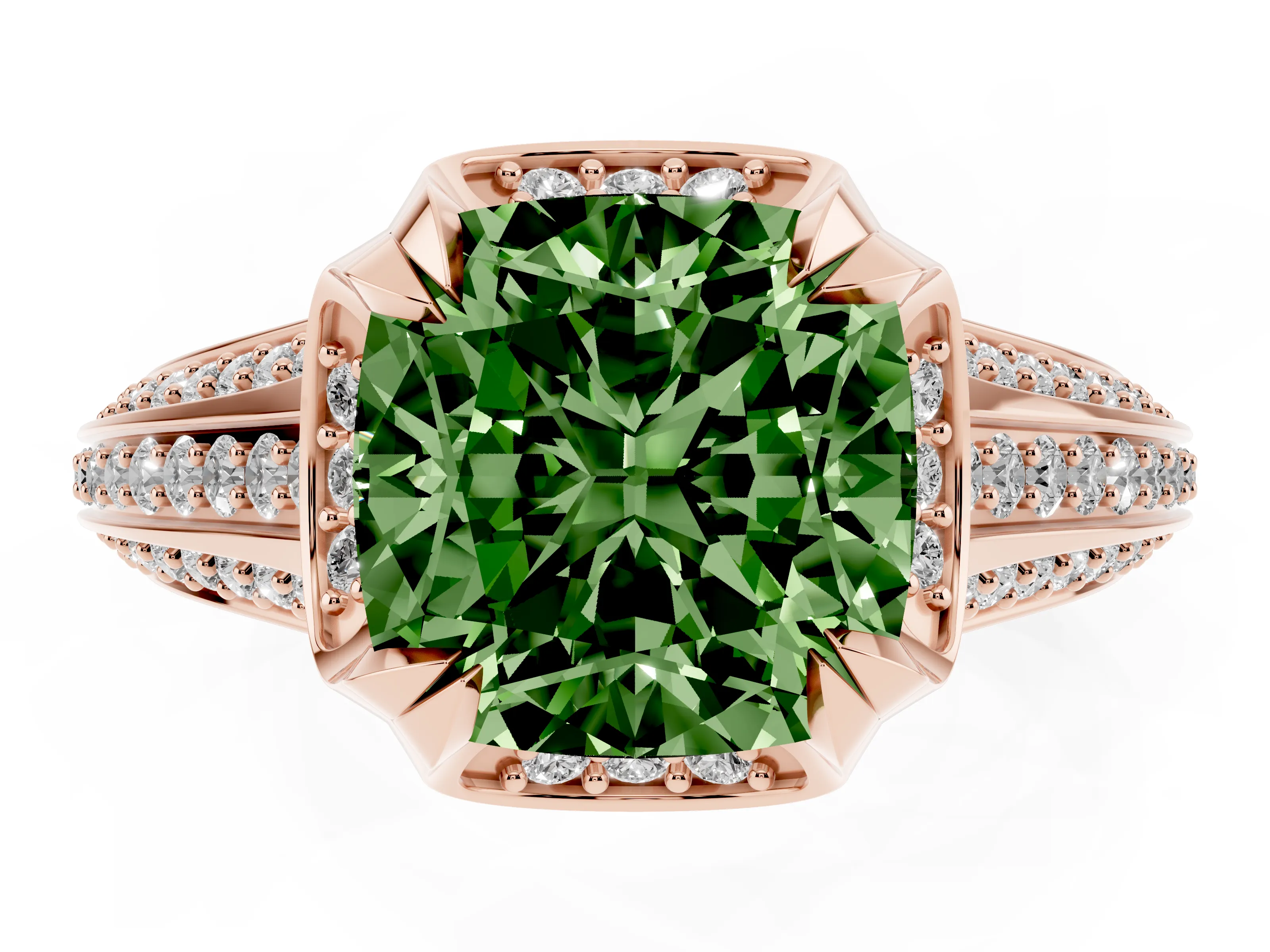 Fancy Green Cushion Cut Diamond Pavé Split Shank Solitaire Ring Set in Rose gold with Prong Setting