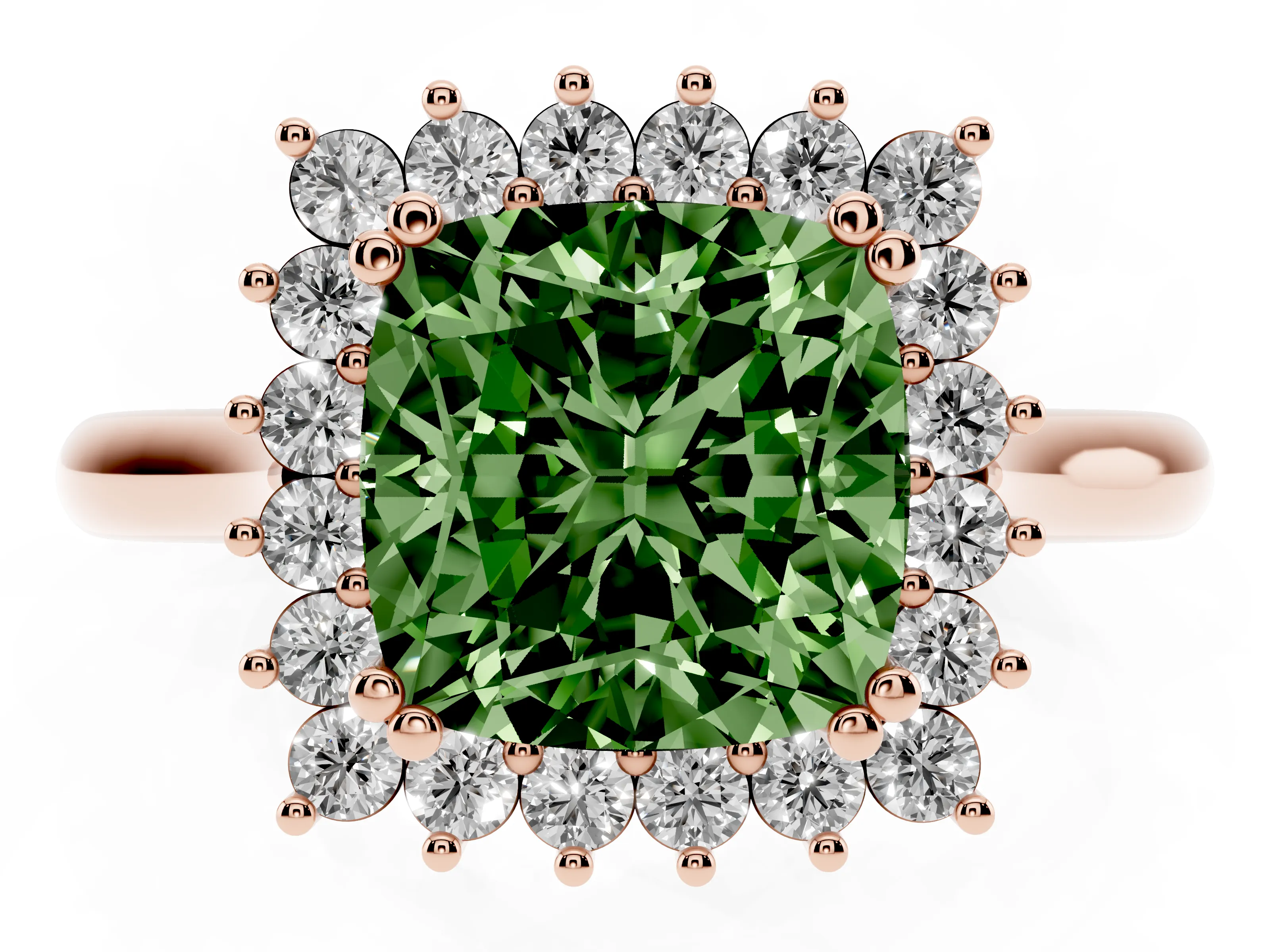 Fancy Green Cushion Cut Diamond Halo Ring Set in Rose gold with Plain Solitaire Band and Prong Setting