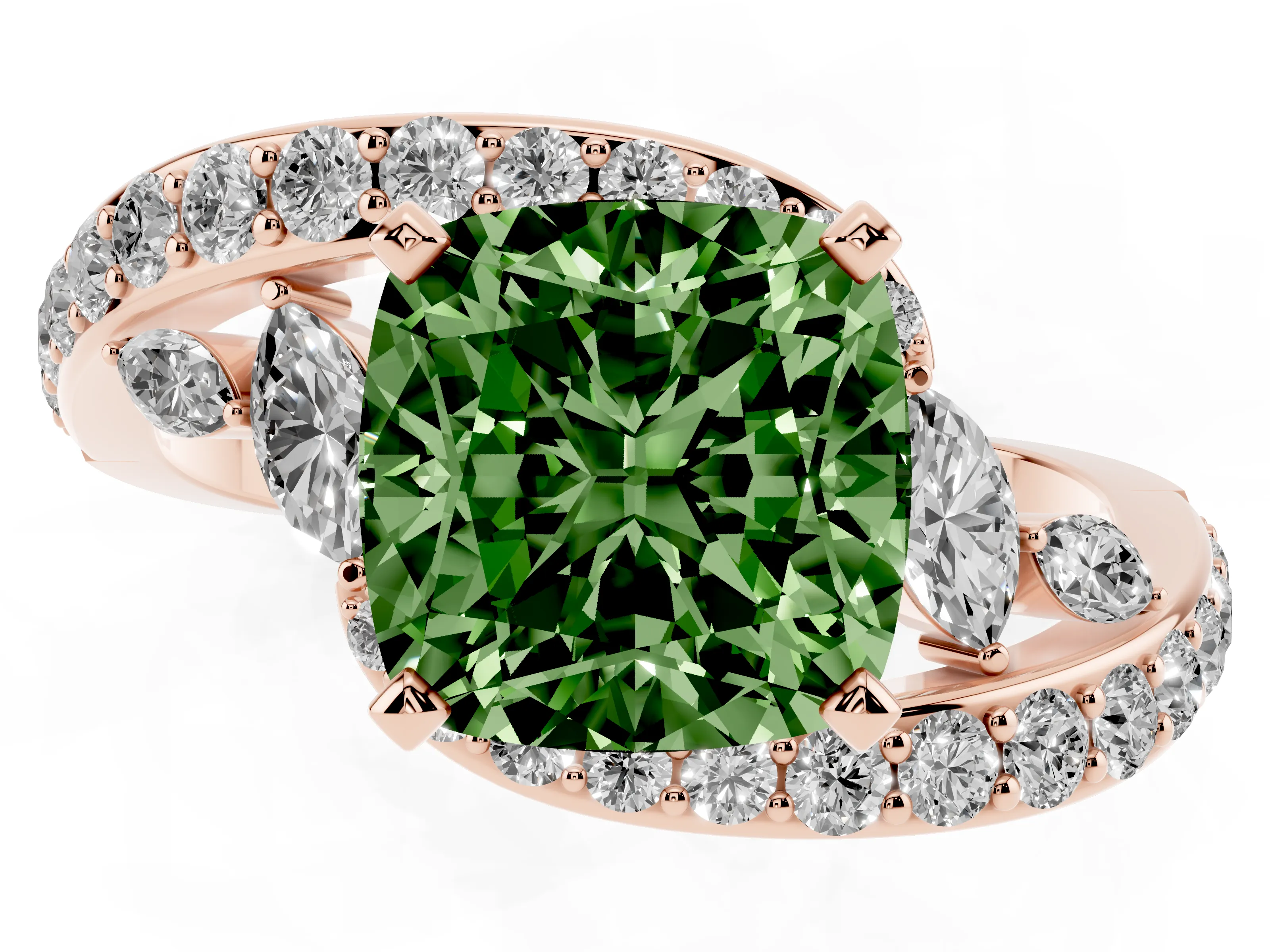 Fancy Green Cushion Cut Diamond Solitaire Ring Set in Rose gold with Pavé Twist Band and Secure Prong Setting