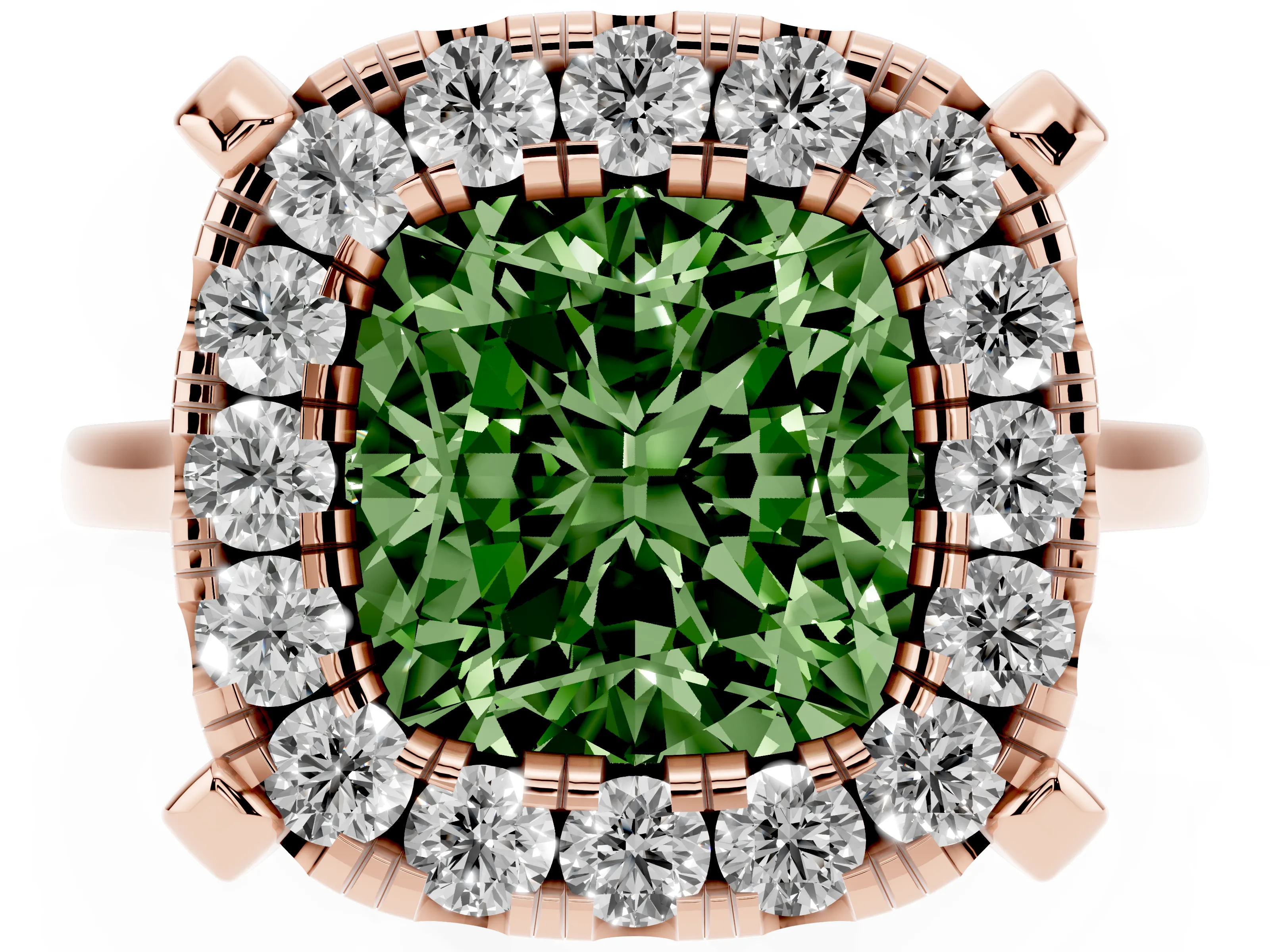 Fancy Green Cushion Cut Diamond Cluster Halo Solitaire Ring Set in Rose gold with Prong Setting