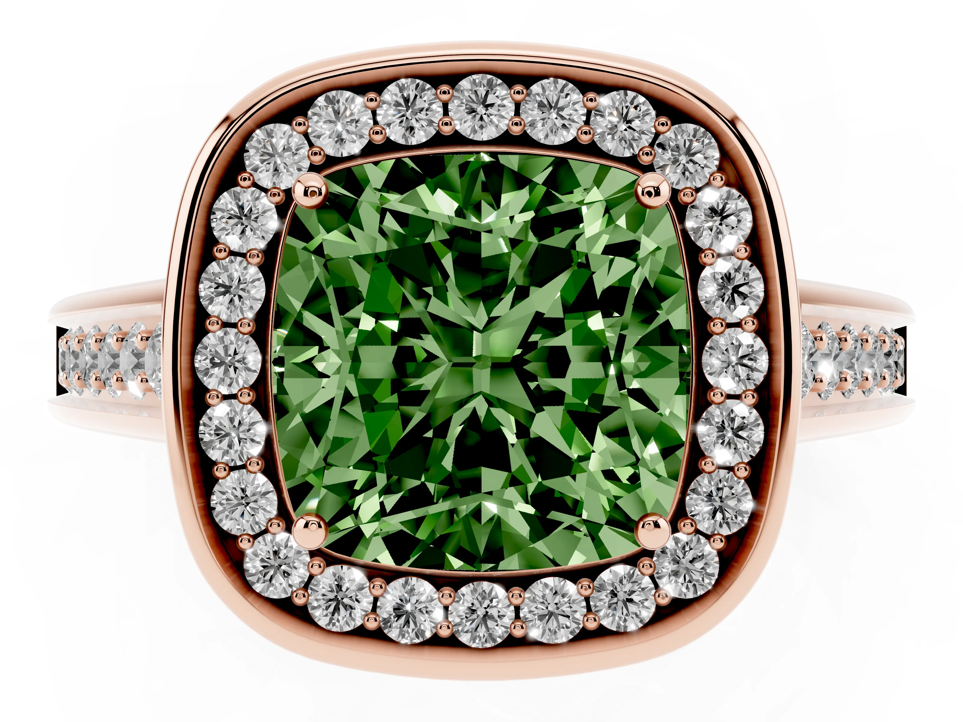 Fancy Green Cushion Cut Diamond Halo Solitaire Ring Set in Rose gold with Pavé Band and Bezel Setting