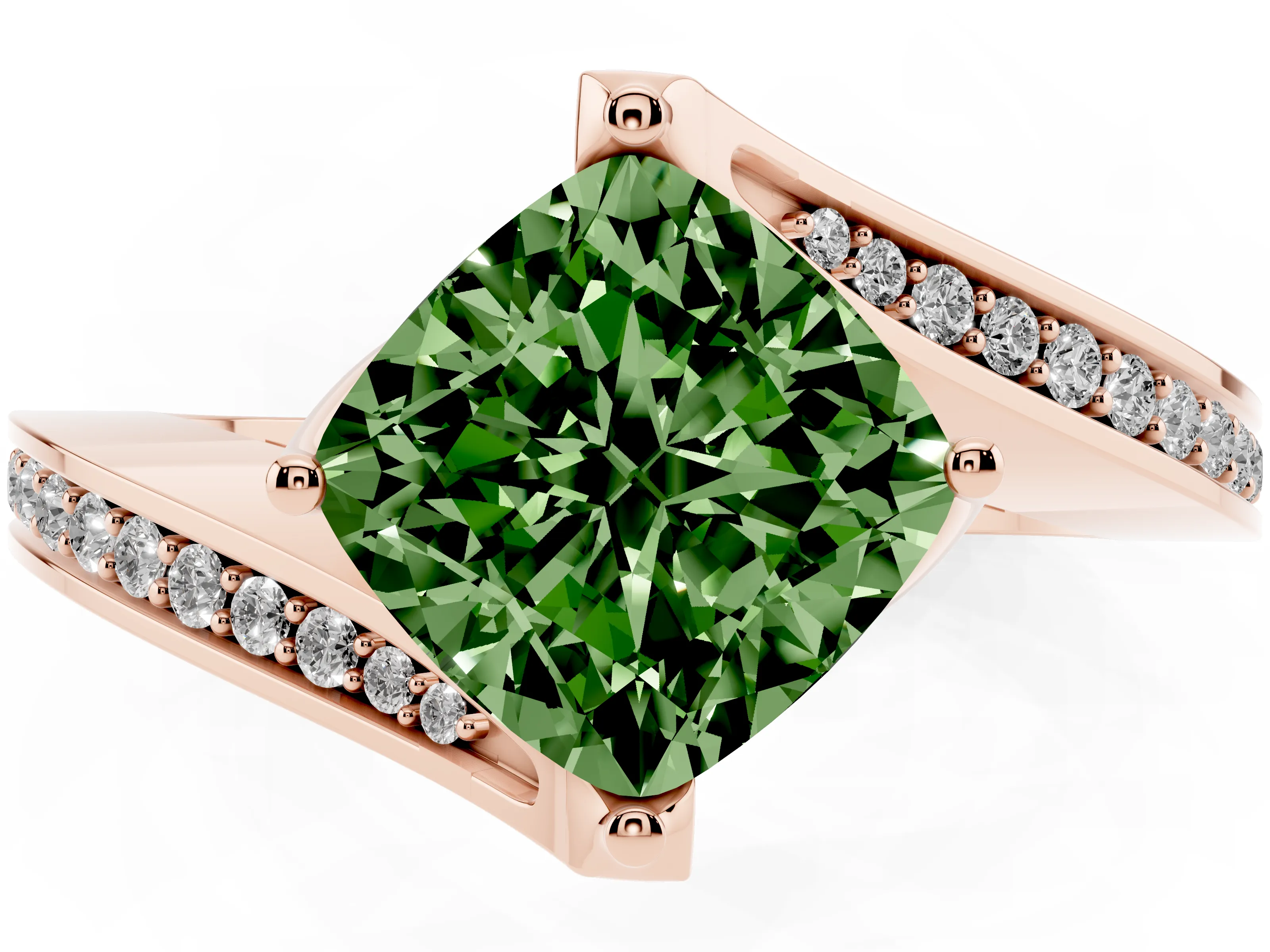 Fancy Green Cushion Cut Diamond Solitaire Ring Set in Rose gold with Intertwined Pavé Twist Band
