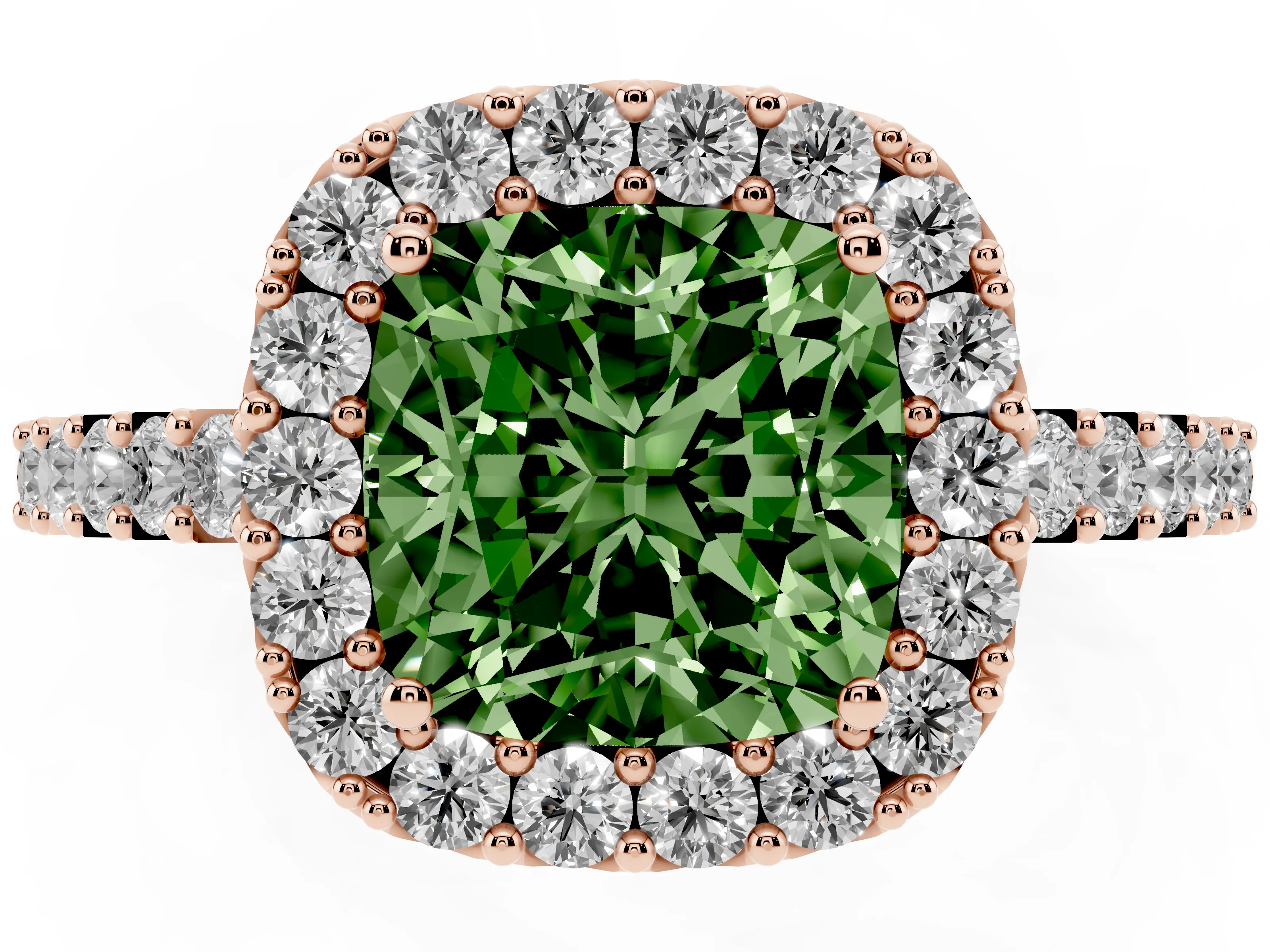 Fancy Green Cushion Cut Diamond Halo Pavé Solitaire Ring Set in Rose gold with Prong-Set Center Stone