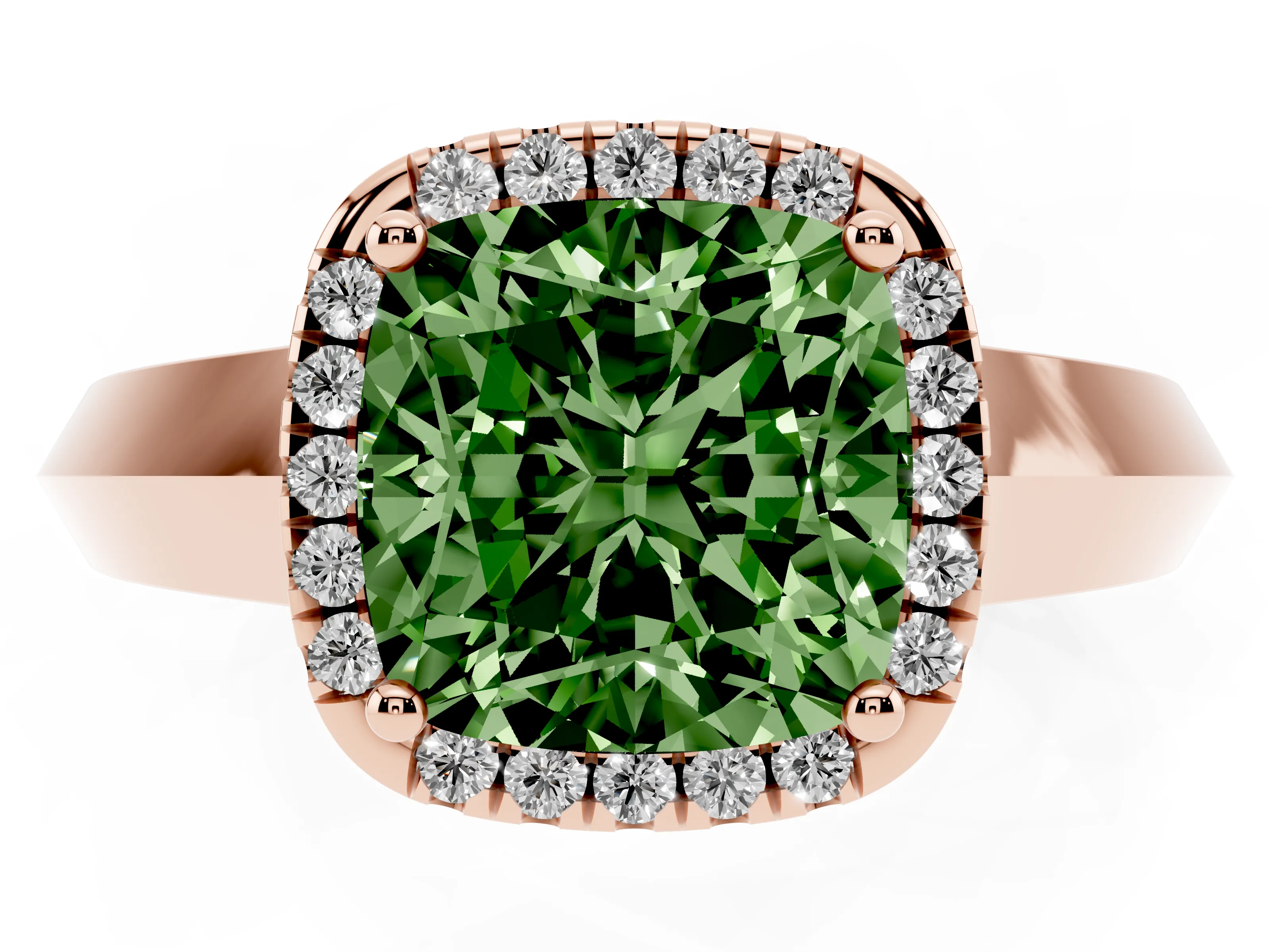 Fancy Green Cushion Cut Diamond Halo Ring Set in Rose gold with Cathedral Band and Prong Setting