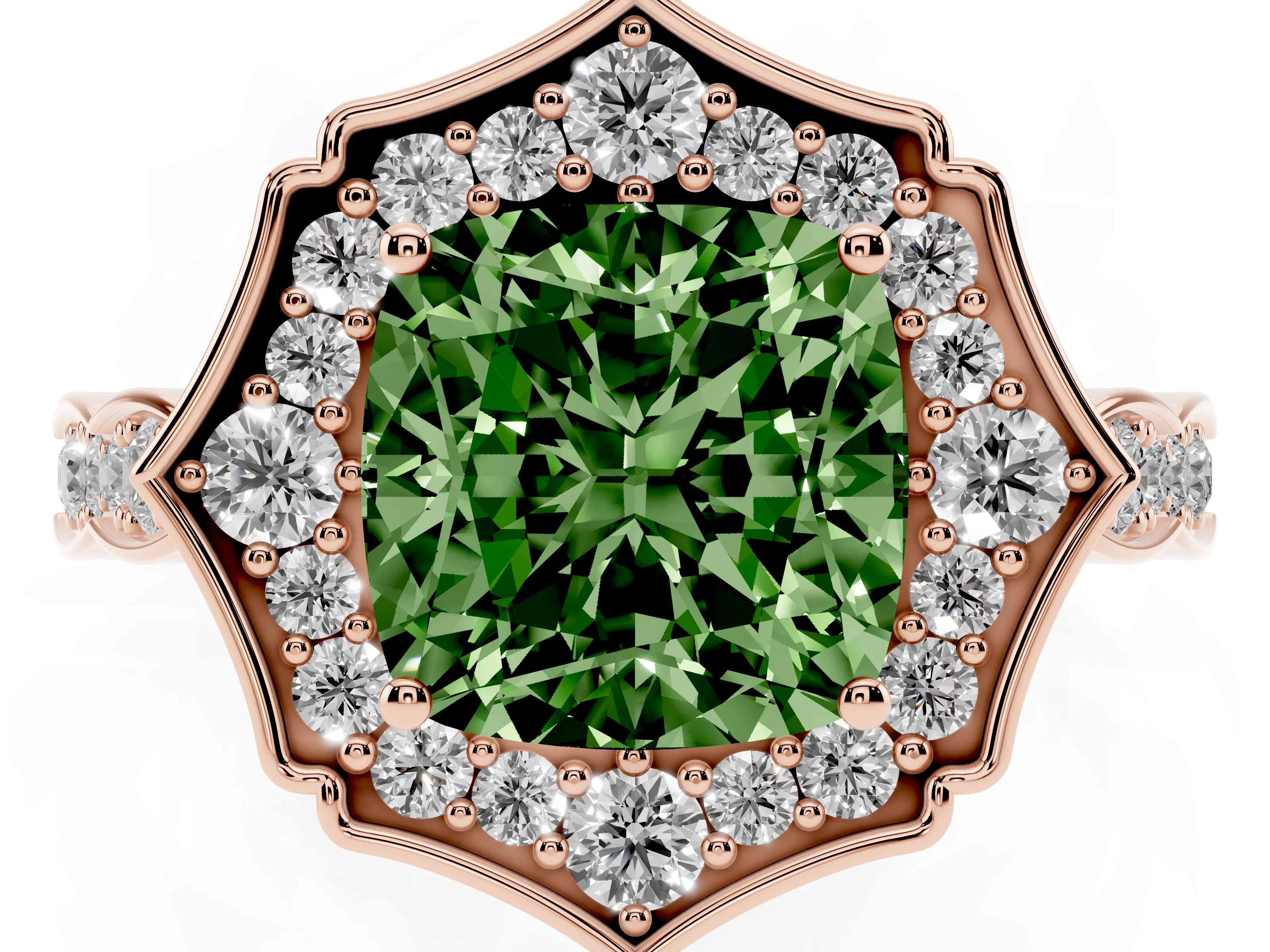 Fancy Green Cushion Cut Diamond Halo Engagement Ring Set in Rose gold with Milgrain Band and Prong Setting