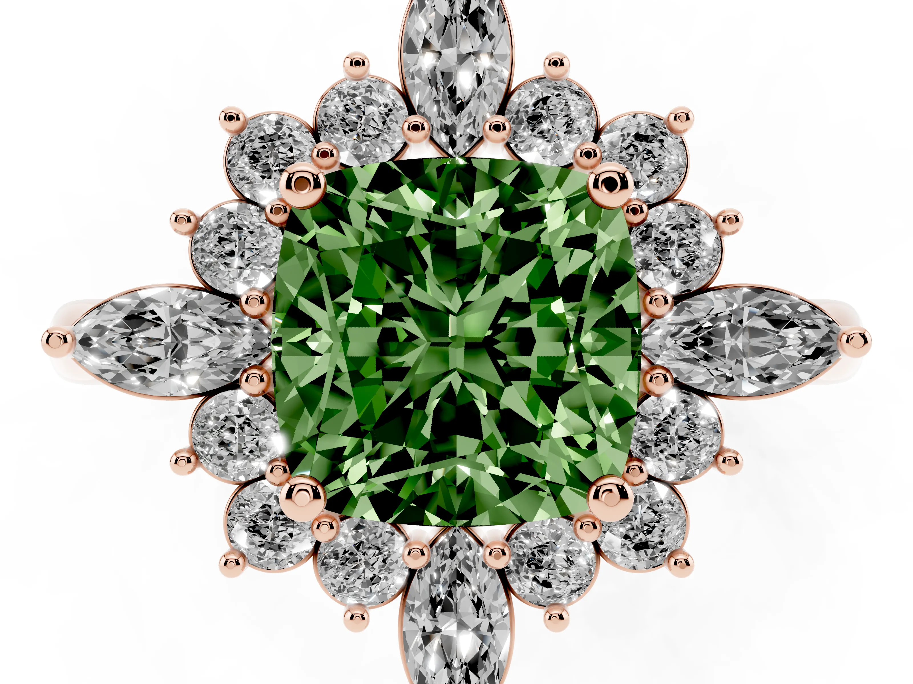 Fancy Green Cushion Cut Diamond Cluster Halo Ring Set in Rose gold with Marquise and Round Accents