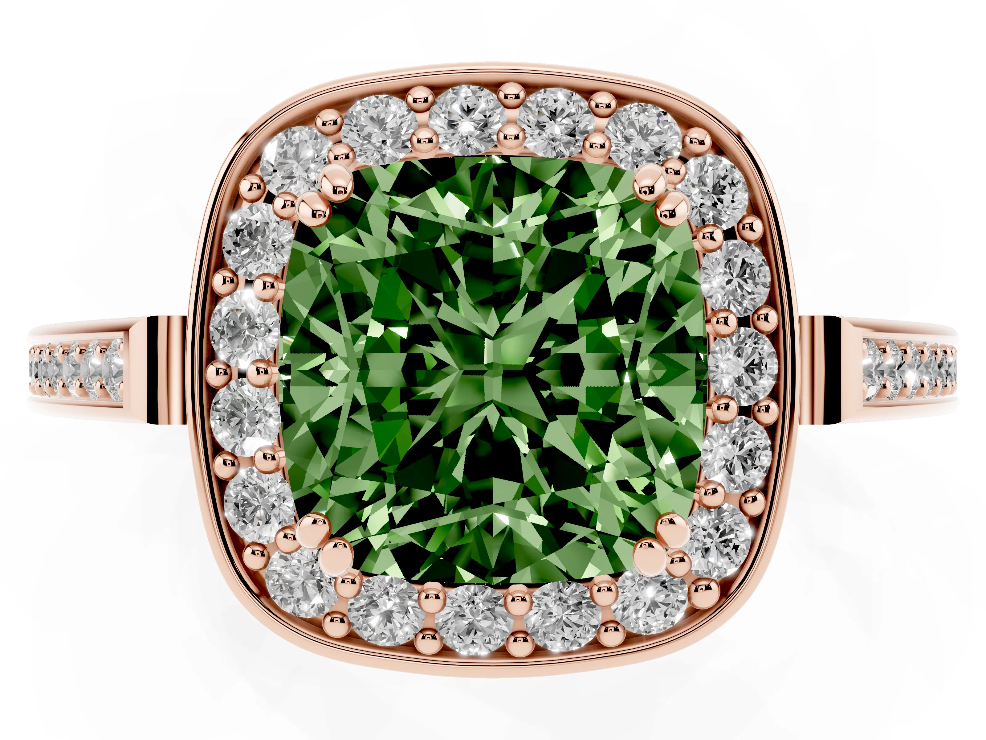 Fancy Green Cushion Cut Diamond Halo Ring Set in Rose gold with Accent-Lined Split Shank and Prong Setting
